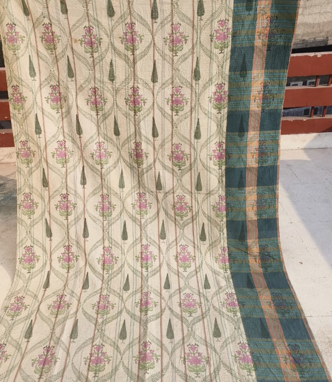 VINTAGE KANTHA - French Floral | Green Stripe