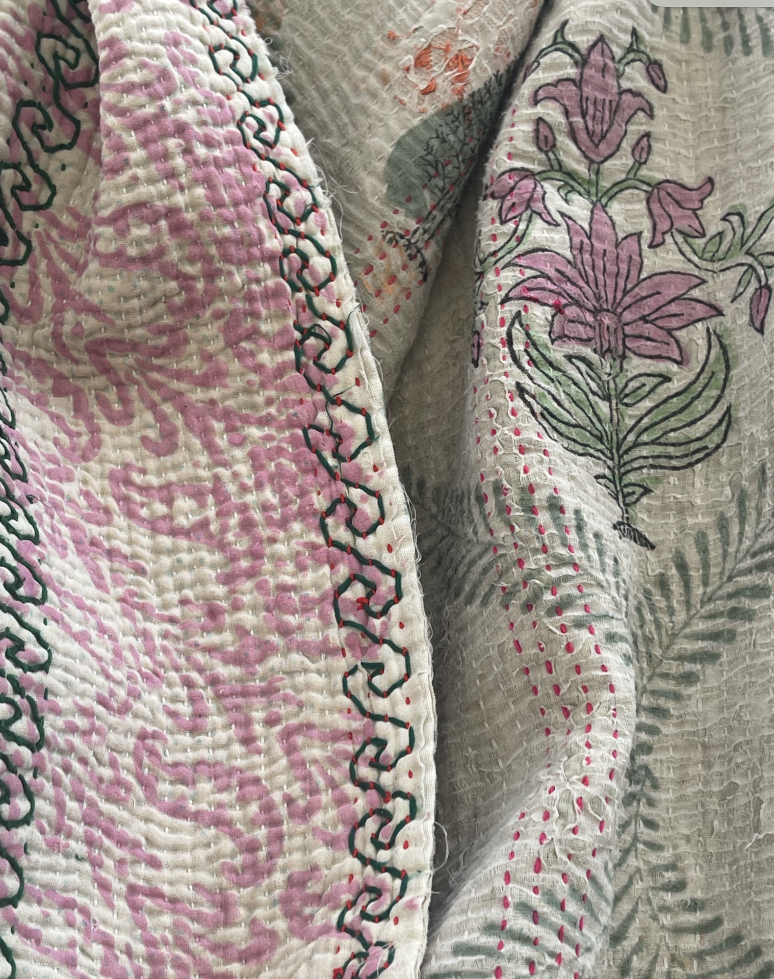 VINTAGE KANTHA - French Floral | | Pink Stripe
