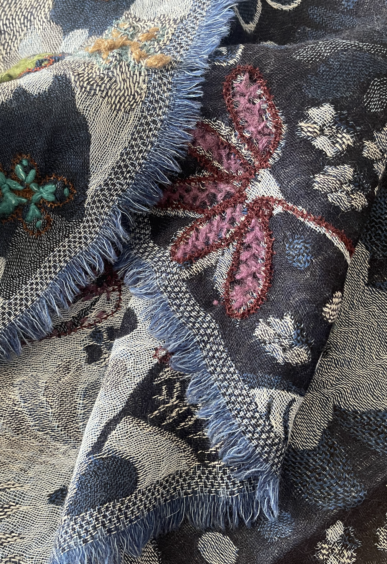 Embroidered Wool Muffler - Floral Indigo