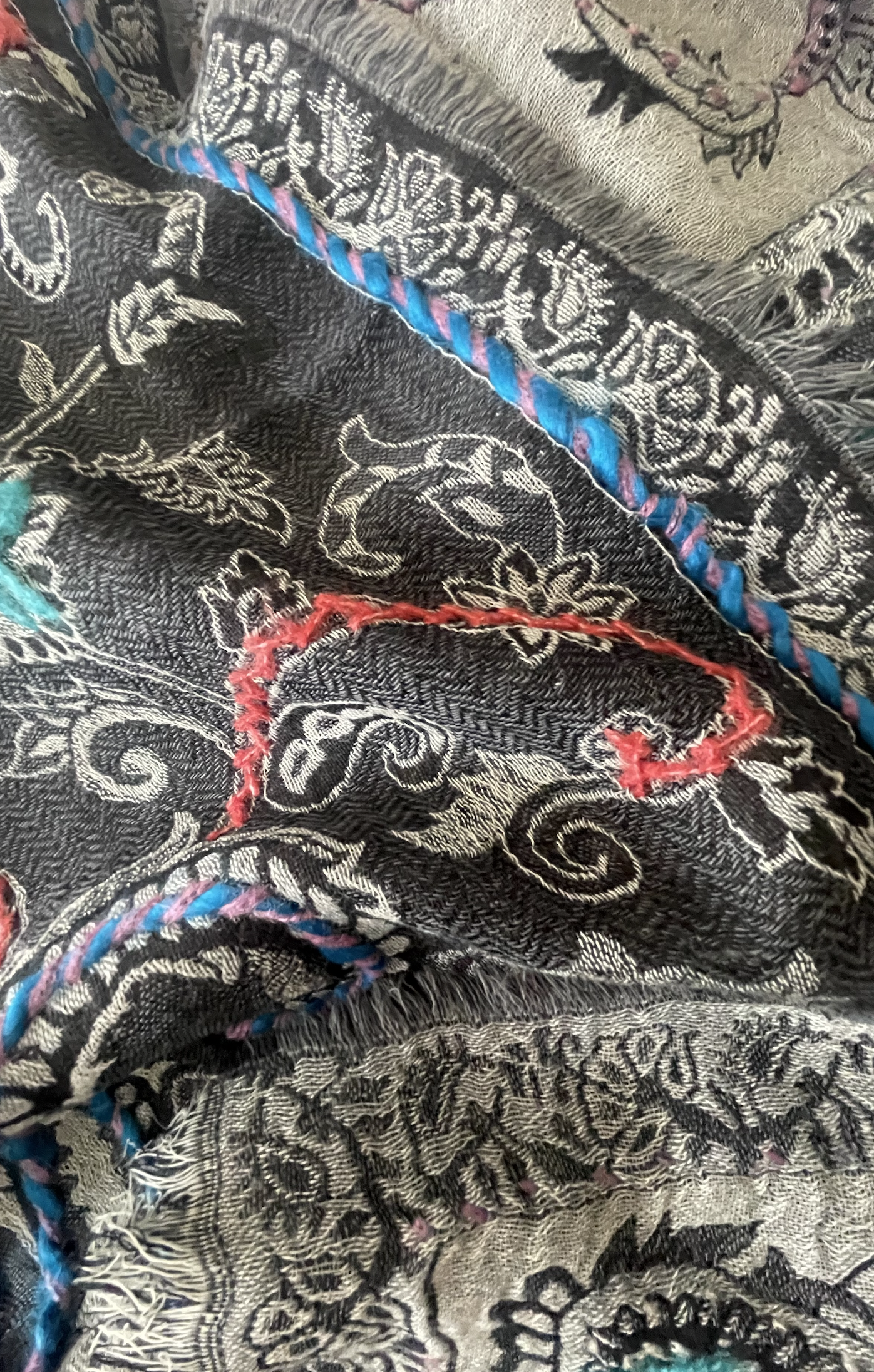 Embroidered Wool Muffler - Deep Mist