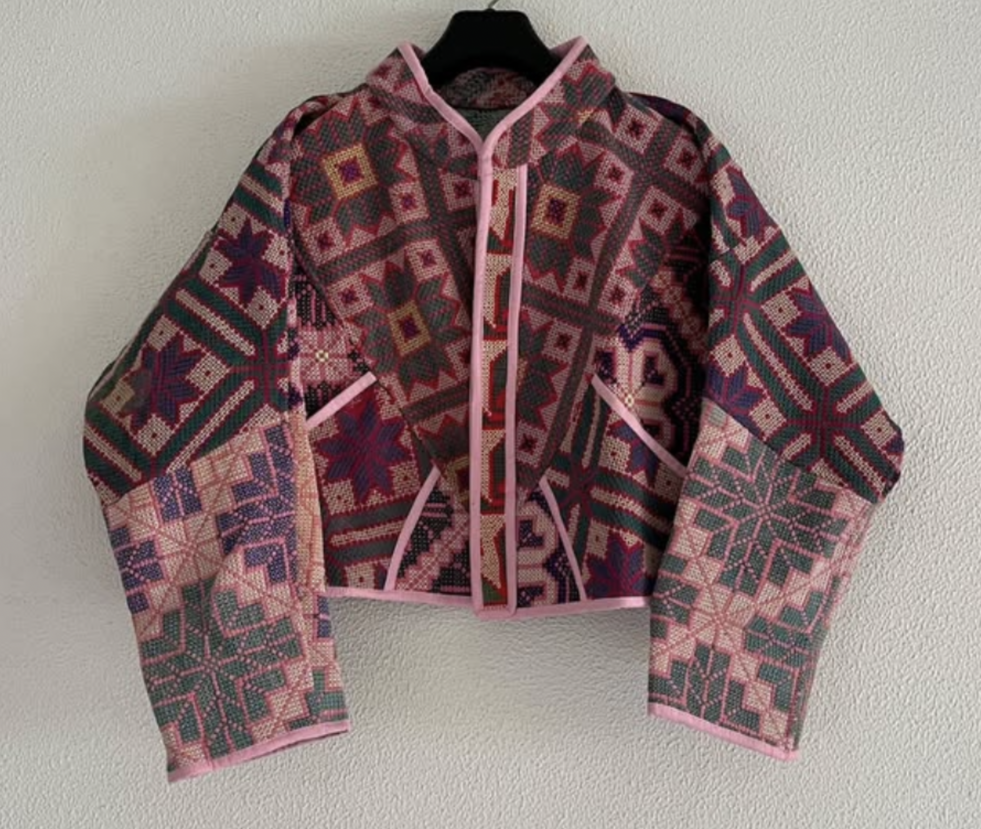 Vintage Kantha  Cropped Jacket - Pink Aztec