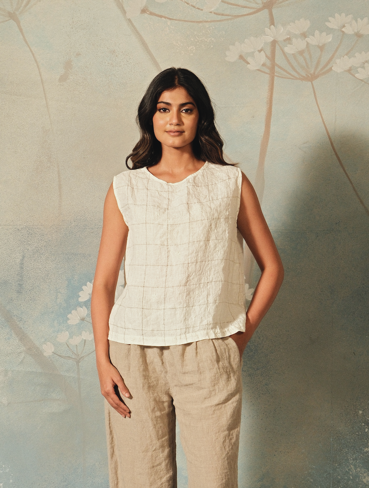 AISHANI TOP - Ivory Linen Check