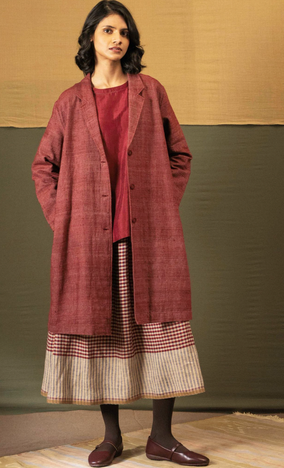 ISHA  Linen Check Skirt -Barn Red