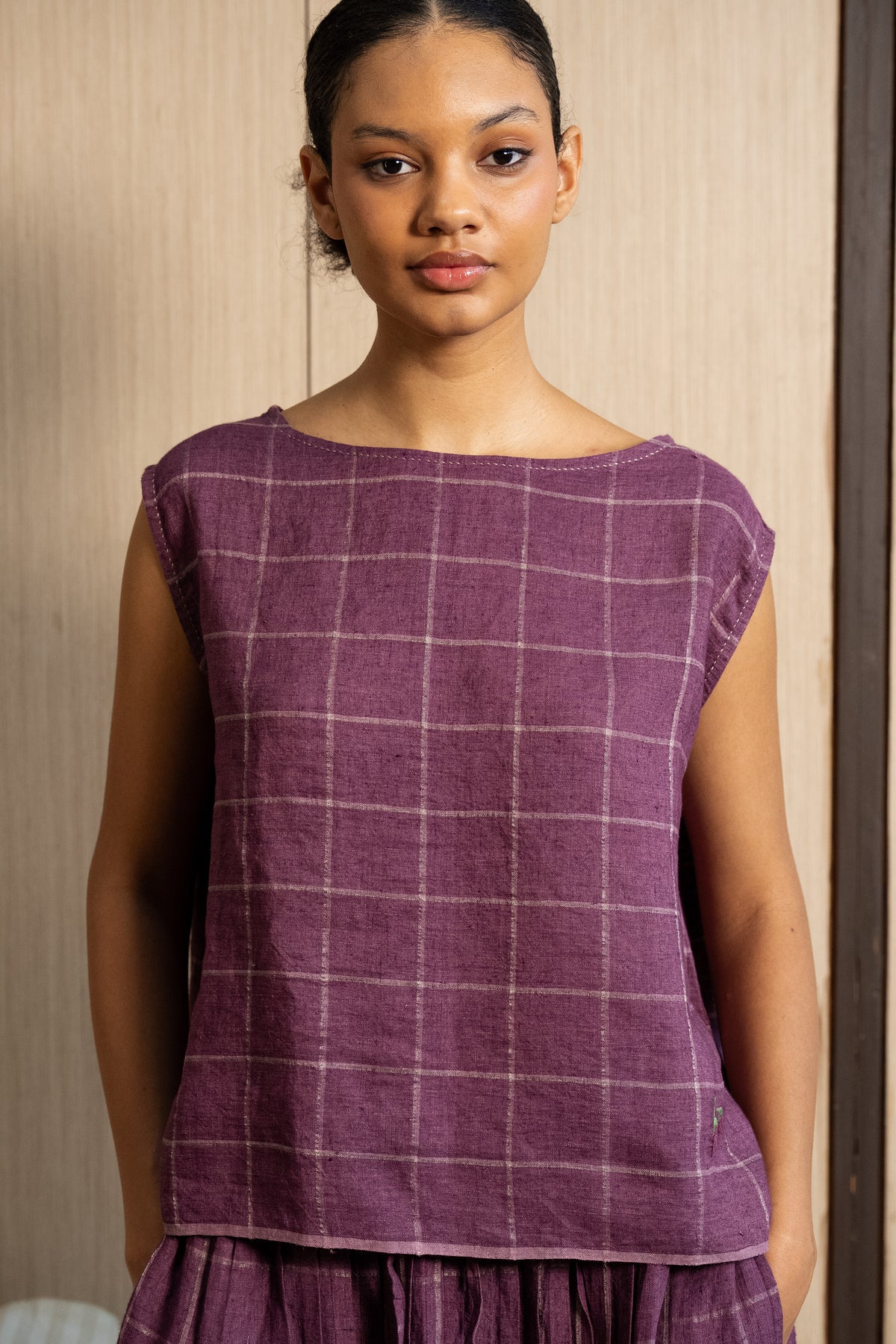 AISHANI Linen Top - Eggplant Check