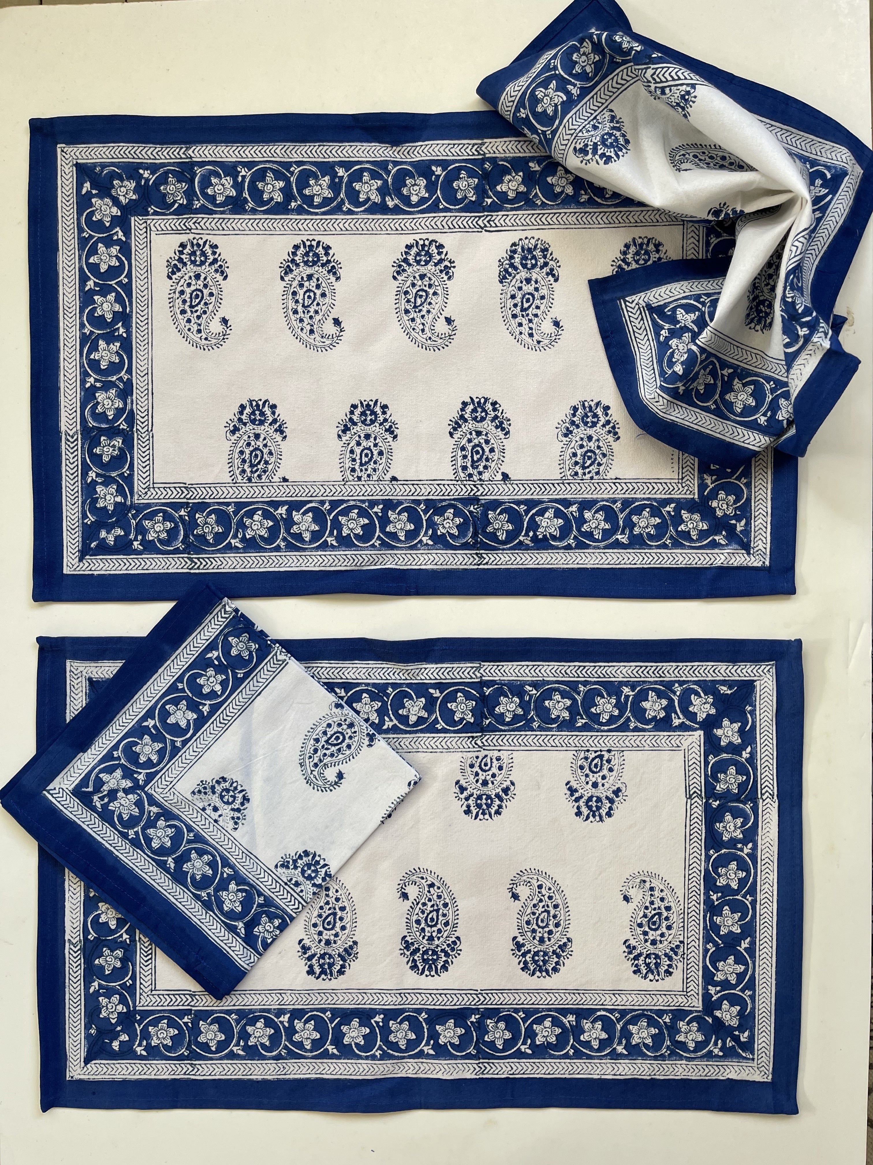 Table Mats + Napkins - Blue Paisley
