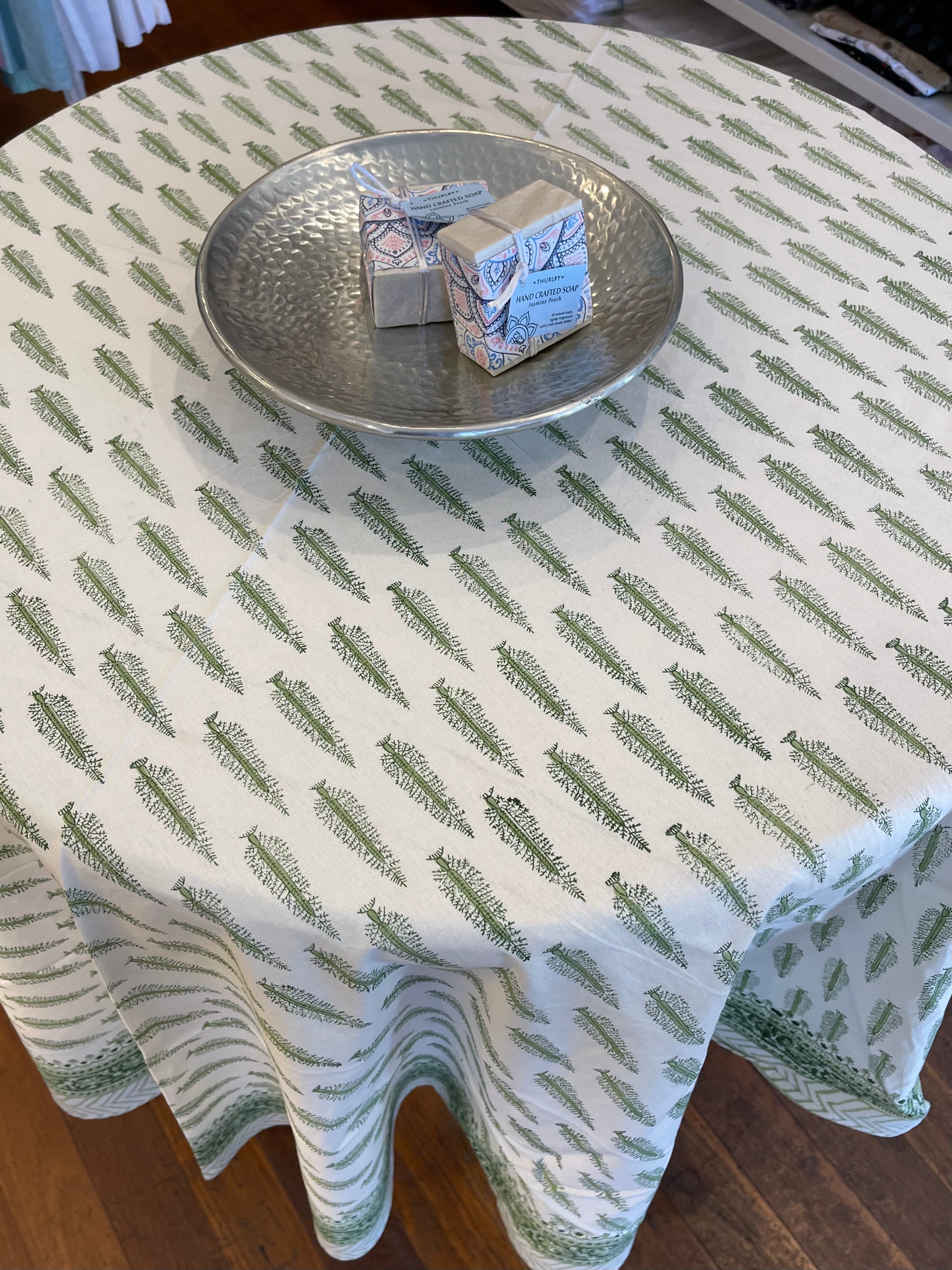 Handblock Printed Tablecloth Round - Cypress Green