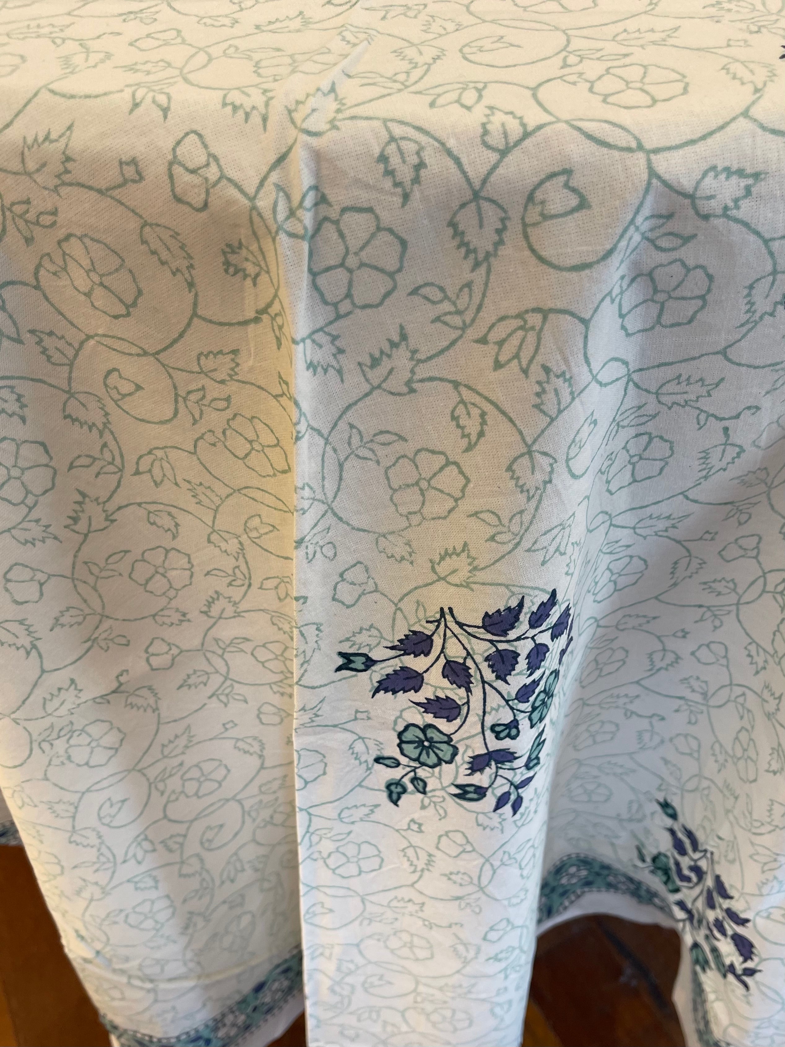 Handblock Printed Tablecloth Round - Blue Floral