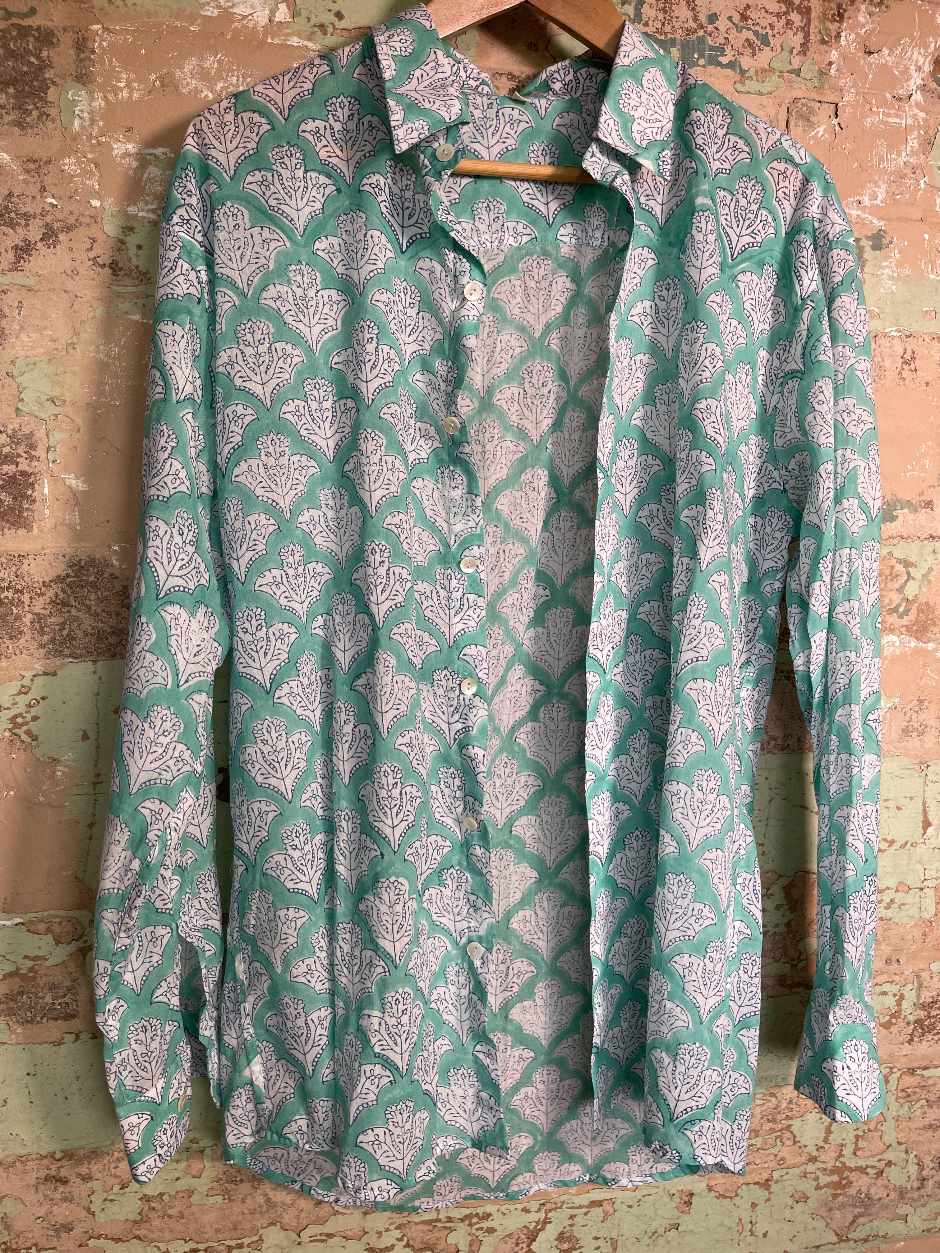 Handblock Printed Mens/Unisex Shirt - Ocean