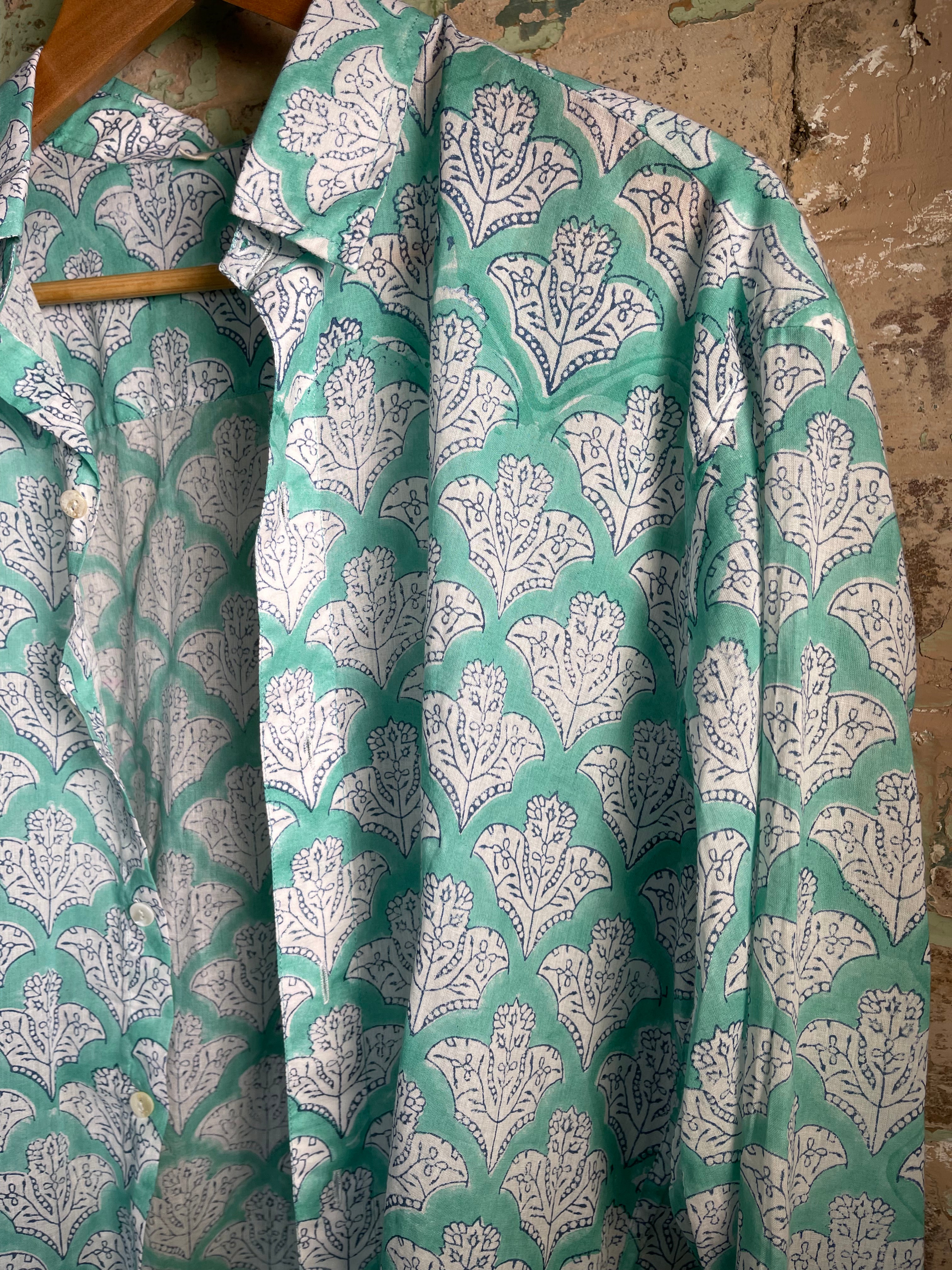 Handblock Printed Mens/Unisex Shirt - Ocean