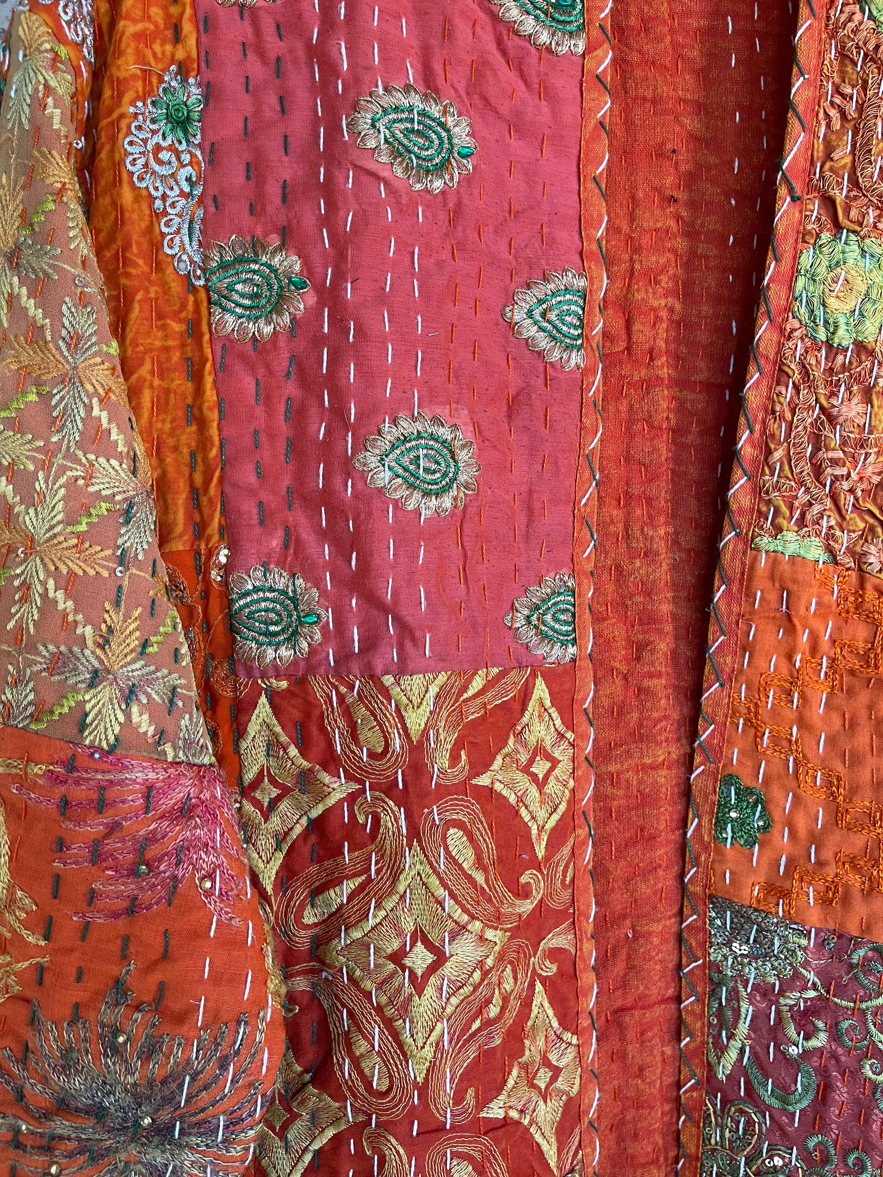 Delightful kantha coat in patchwork of embroidered patterns and sequins. The inside lining plain.