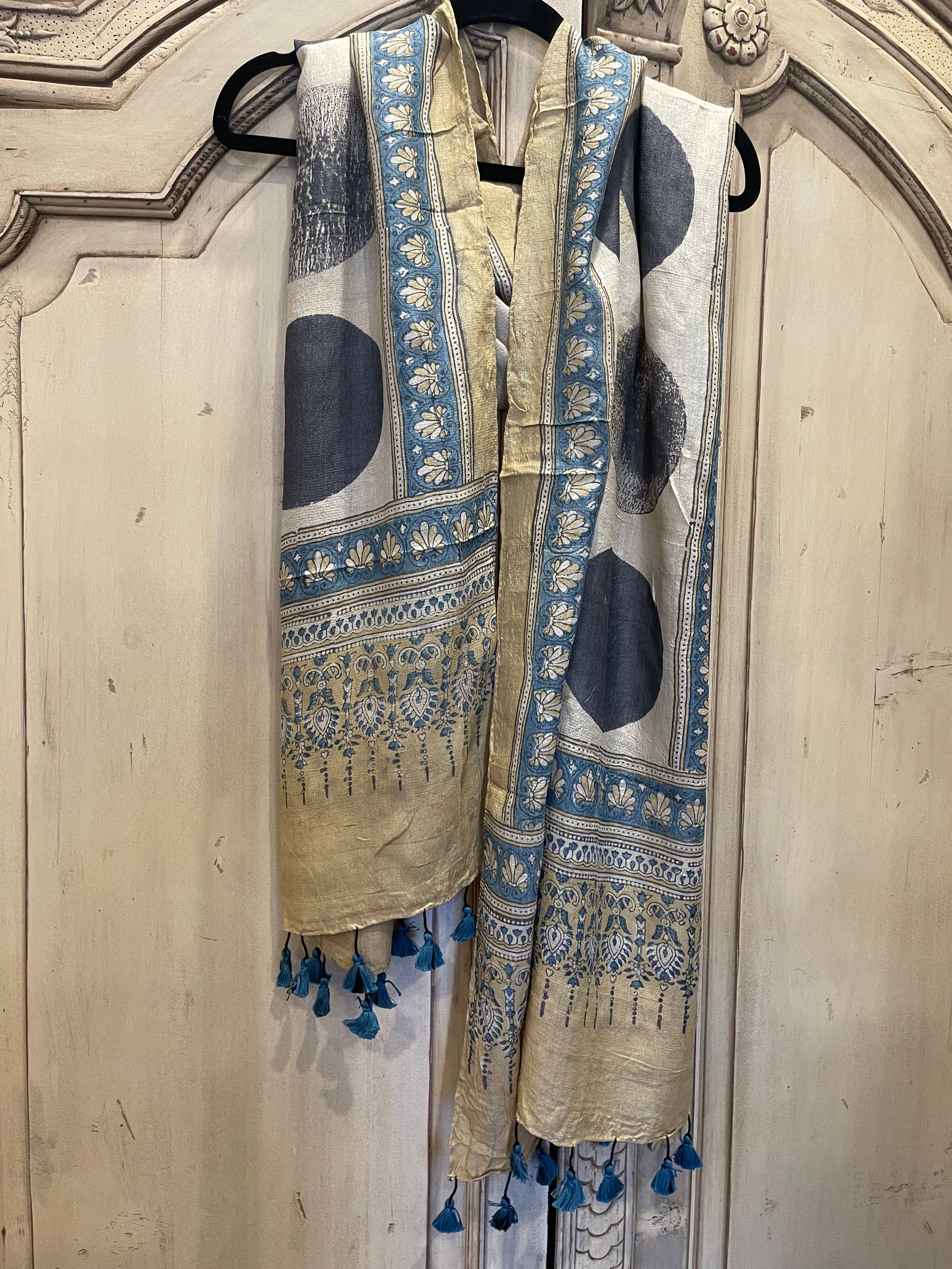 Ajrakh printed tussar silk scarves using natural dyes, Mustard Moon