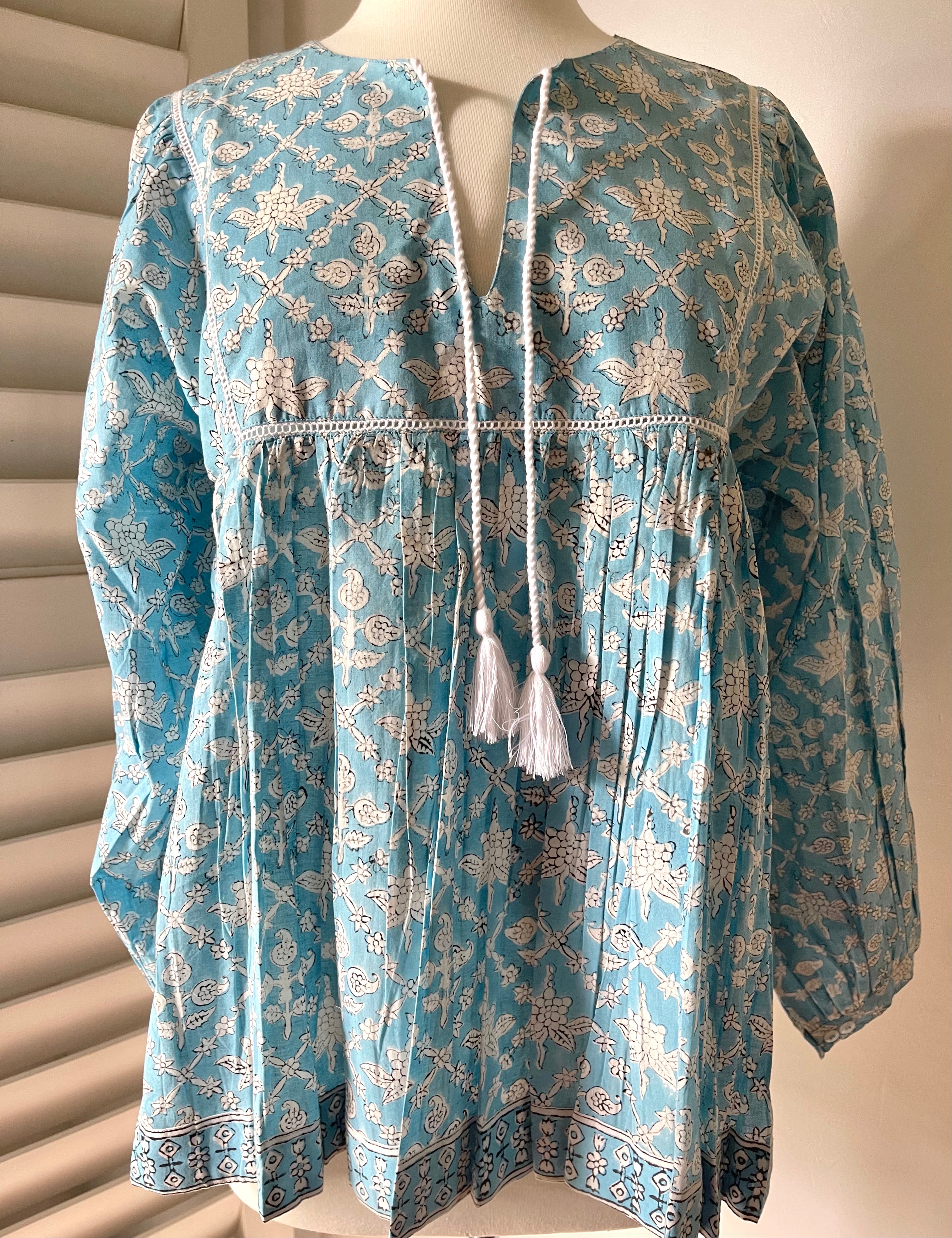 Blockprinted Square Bodice Blouse - Sky Blue