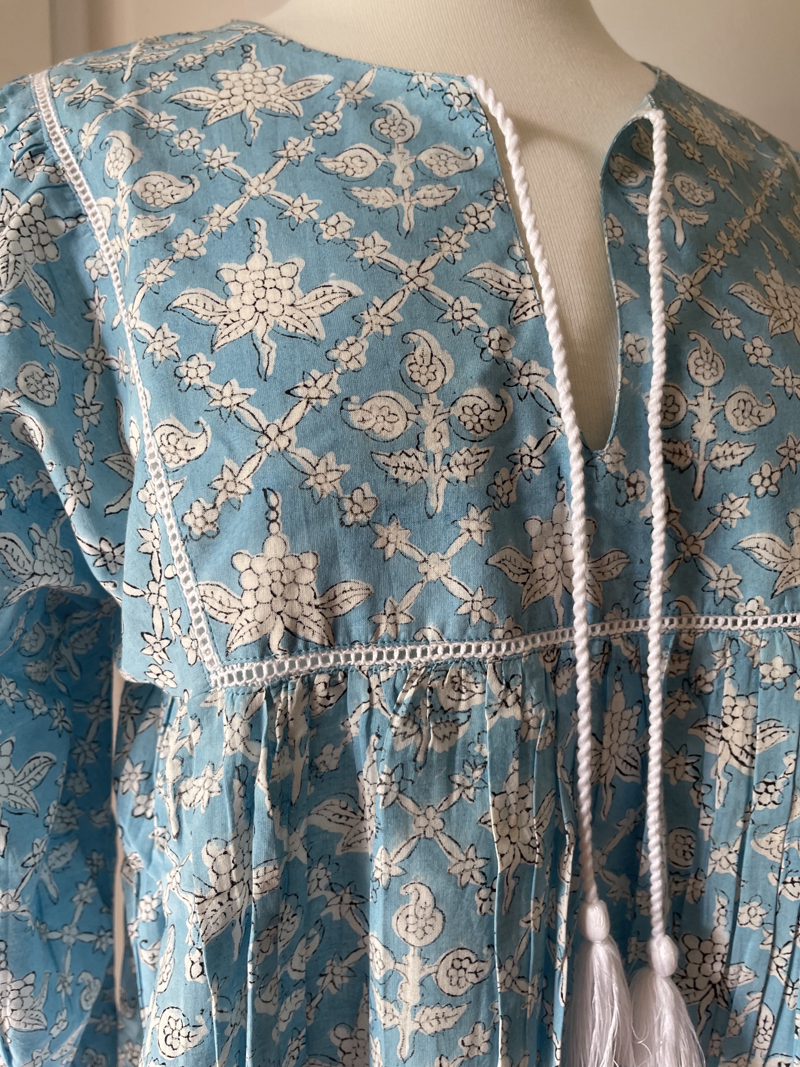 Blockprinted Square Bodice Blouse - Sky Blue