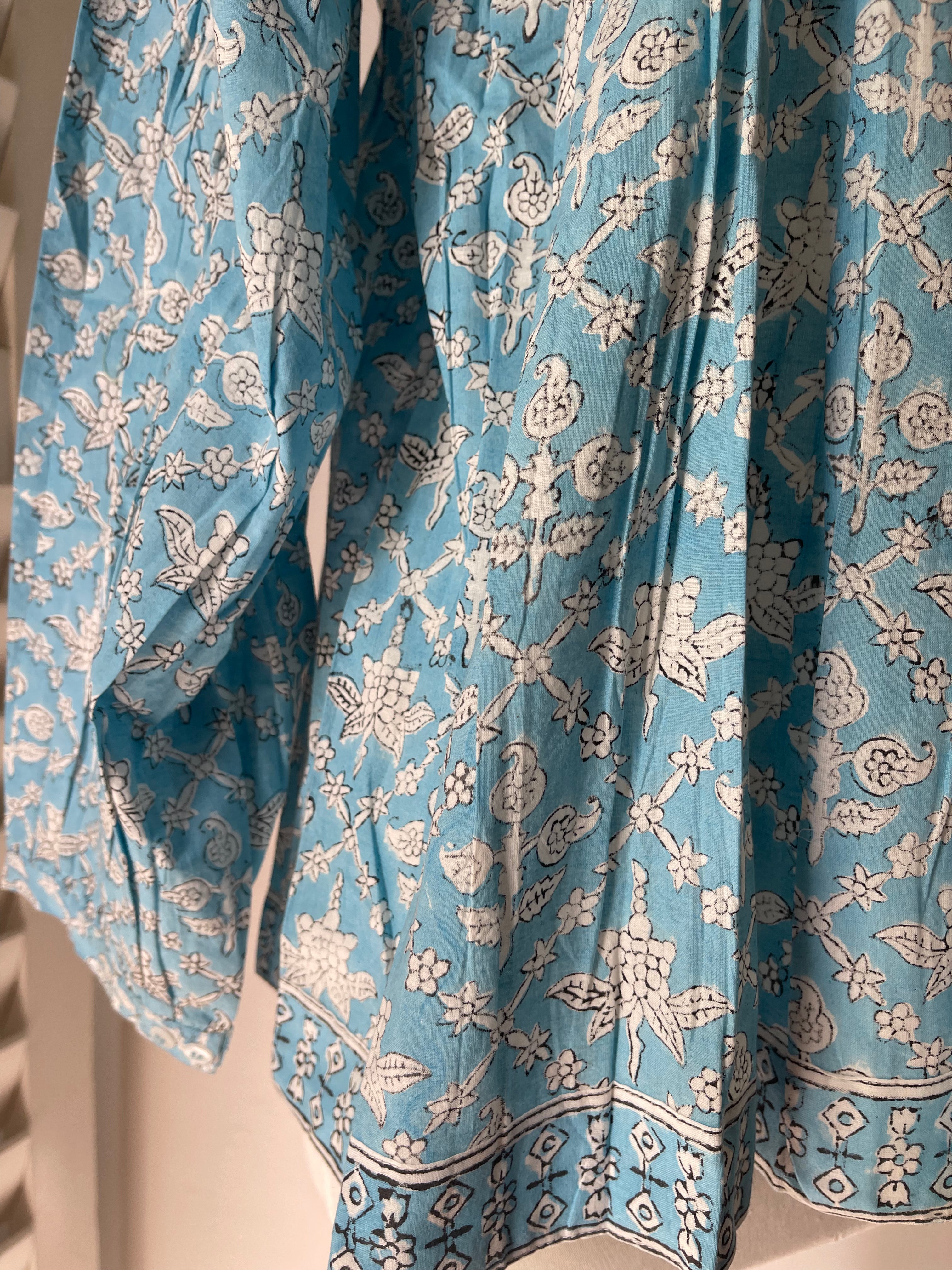 Blockprinted Square Bodice Blouse - Sky Blue