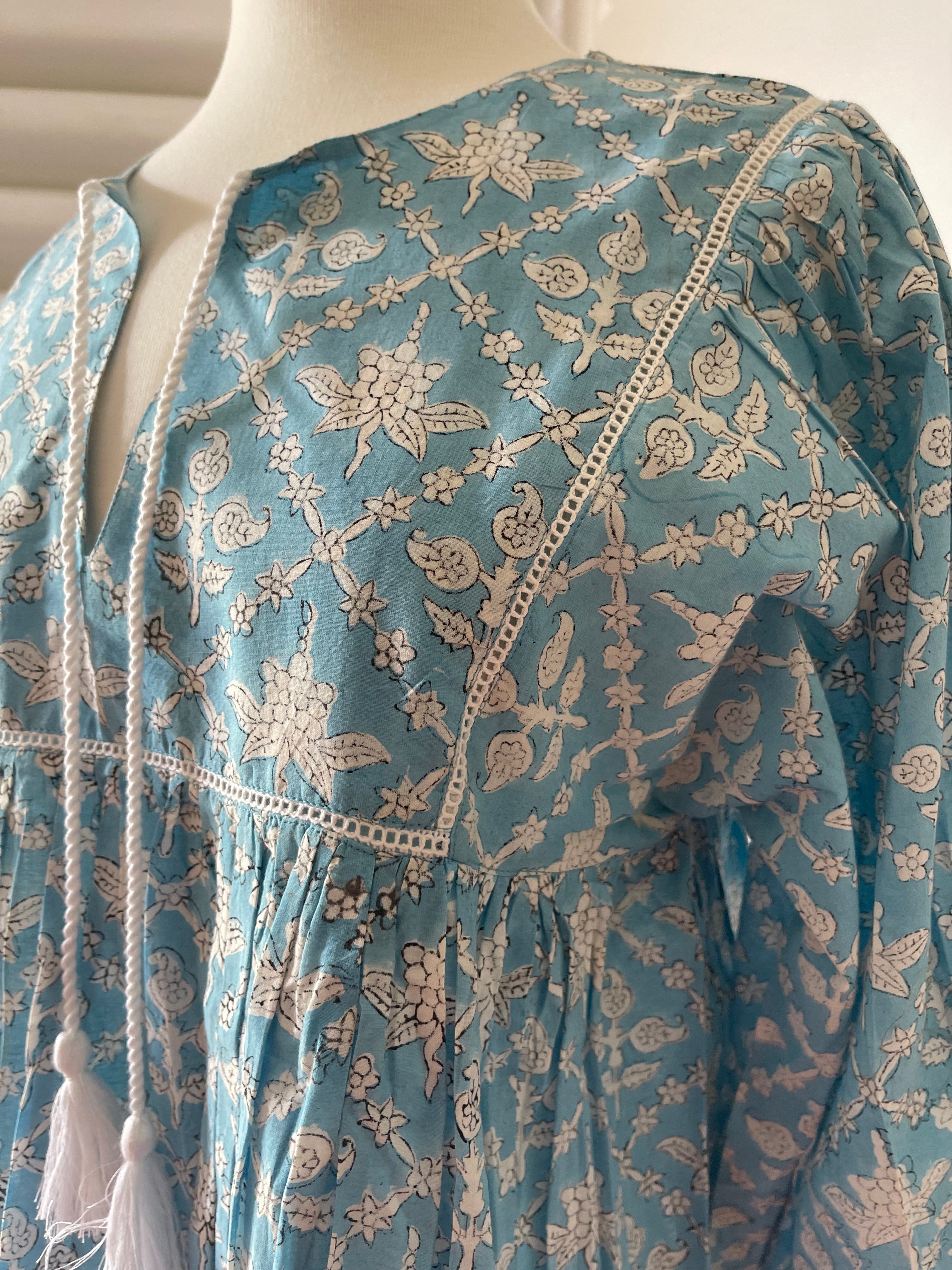 Blockprinted Square Bodice Blouse - Sky Blue