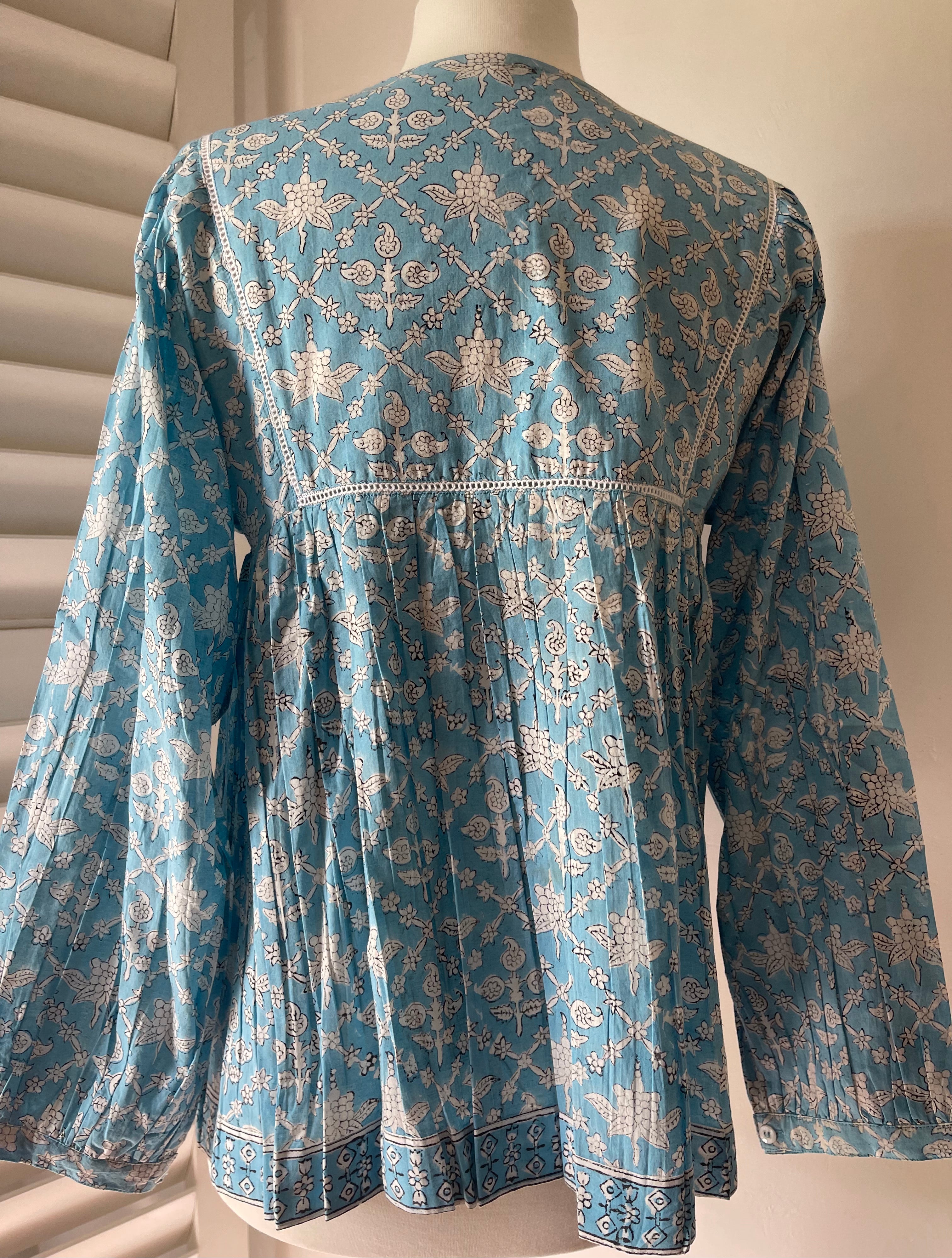 Blockprinted Square Bodice Blouse - Sky Blue