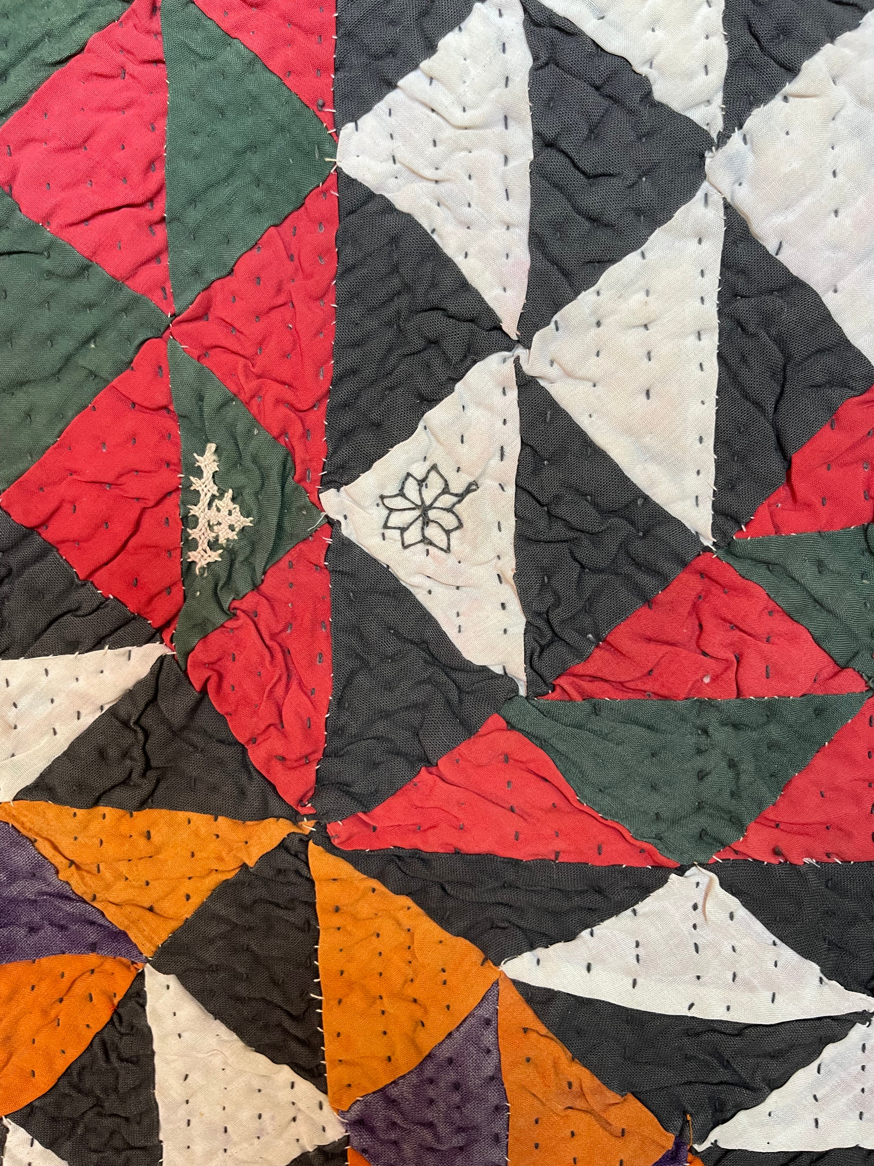 This ralli illustrates one of the most typical everyday quilts. The color scheme is based on the old, natural dyes colors even though chemical dyes are now used. The size of the fabric used in the piecing is typical for an everyday quilt. The geometric design is bold, especially when viewed from a distance.