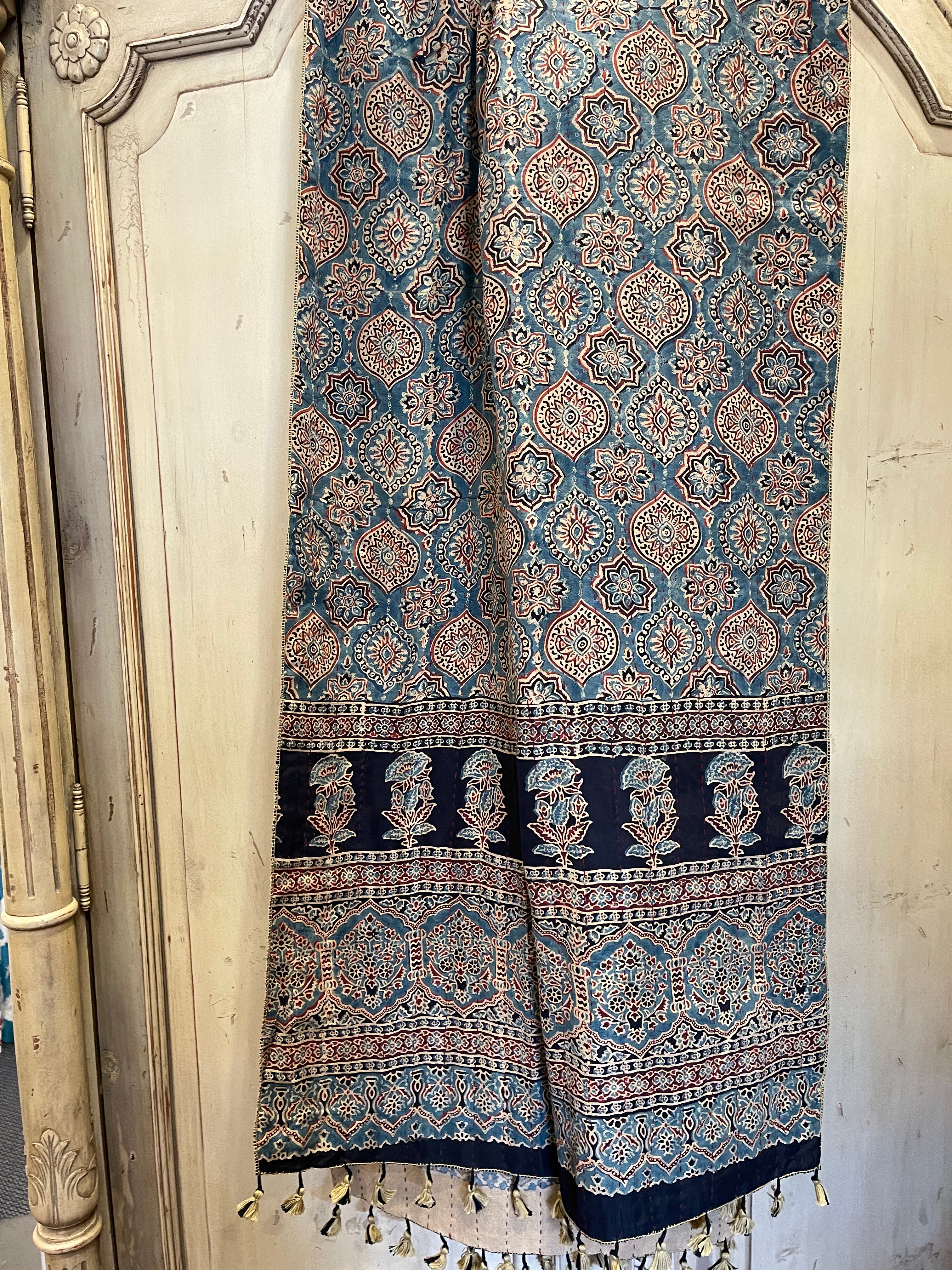 Ajrakh Handloomed Double Sided Quilted Wool and Silk Wrap, Desert Jewel and Sand Weave