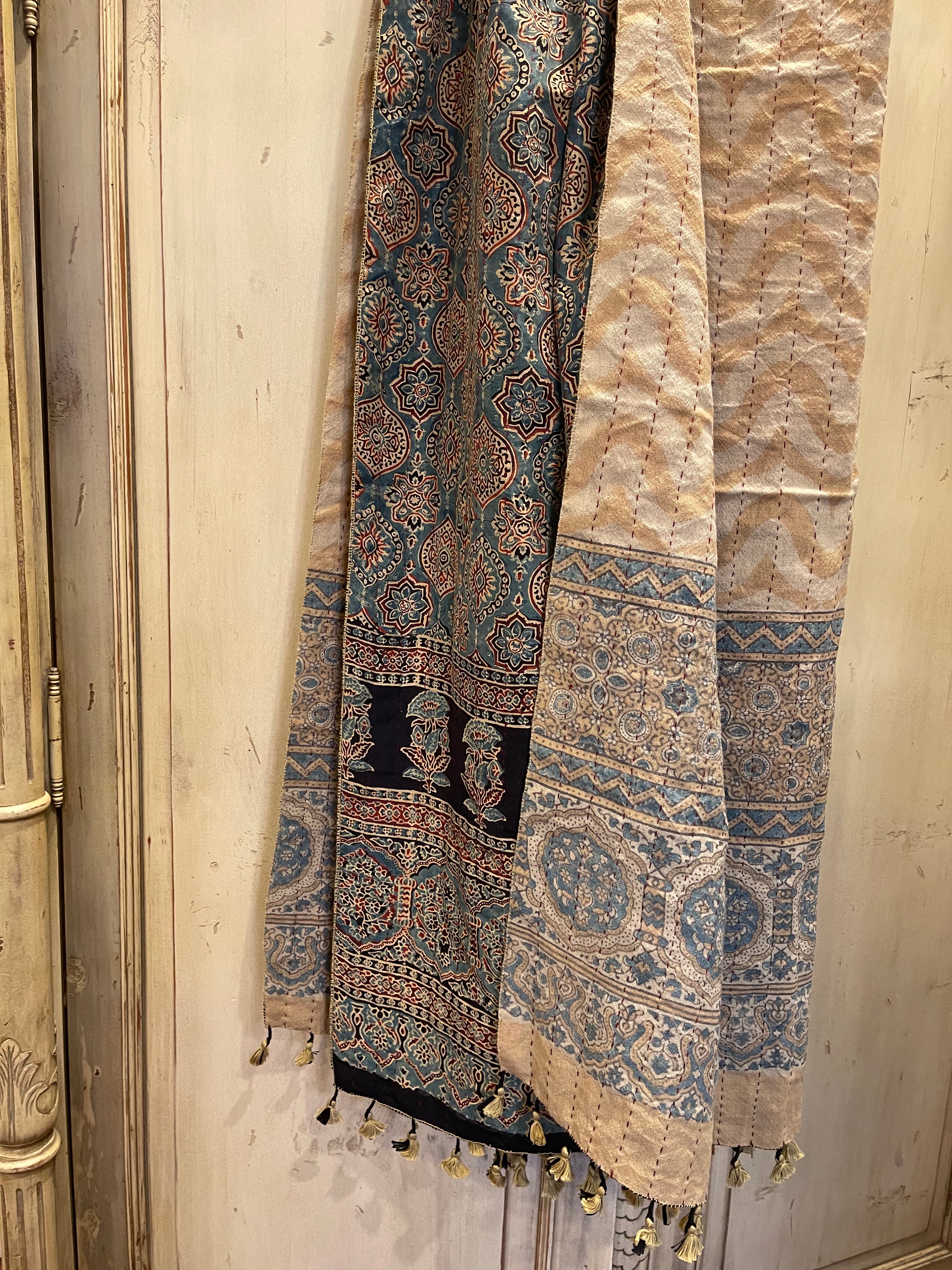 Ajrakh Handloomed Double Sided Quilted Wool and Silk Wrap, Desert Jewel and Sand Weave