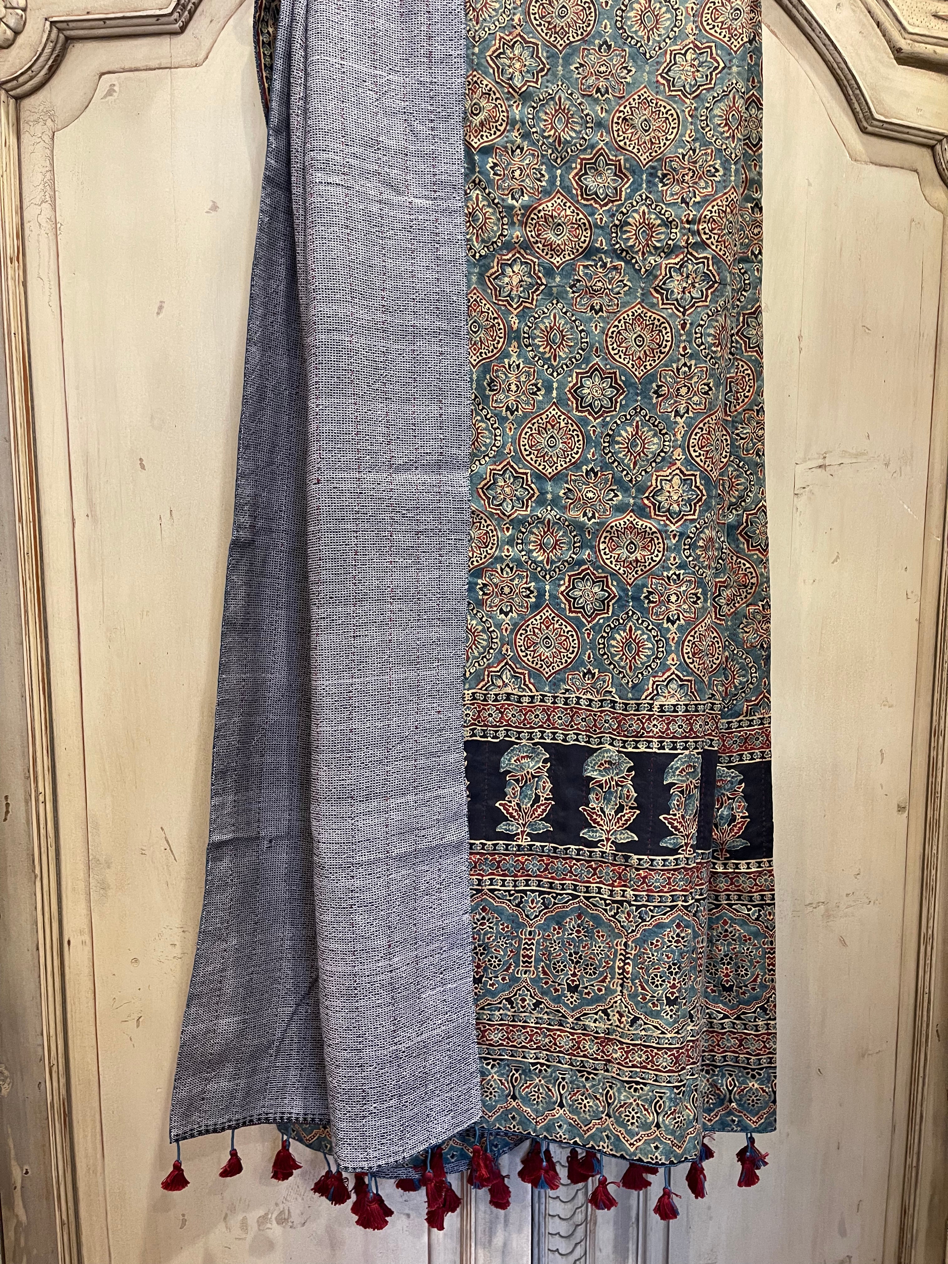 Ajrakh Handloomed Double Sided Quilted Wool and Silk Wrap, Indigo Jewel and Light Slate Weave