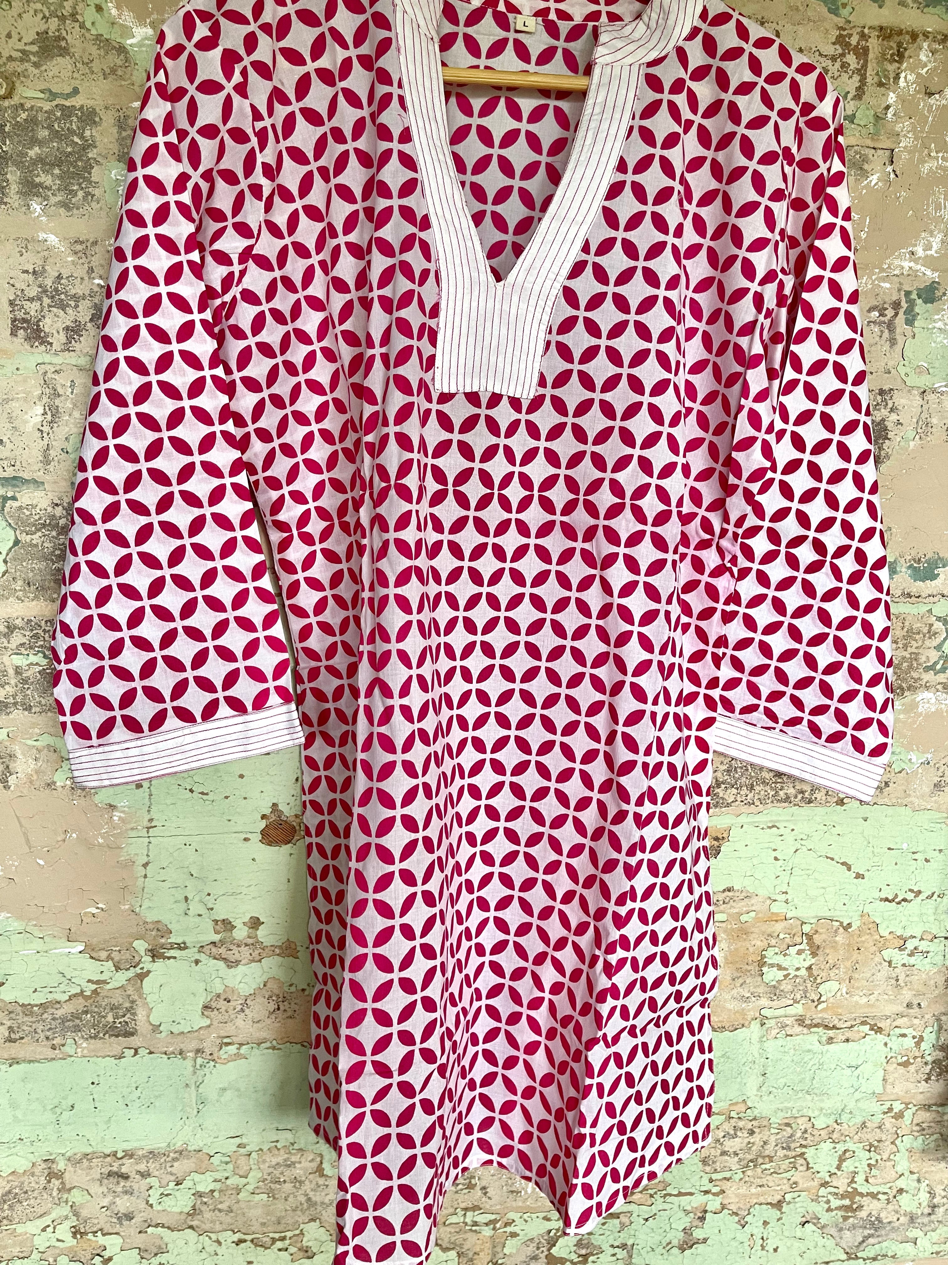 Blockprinted Kurta - Pink Geometry