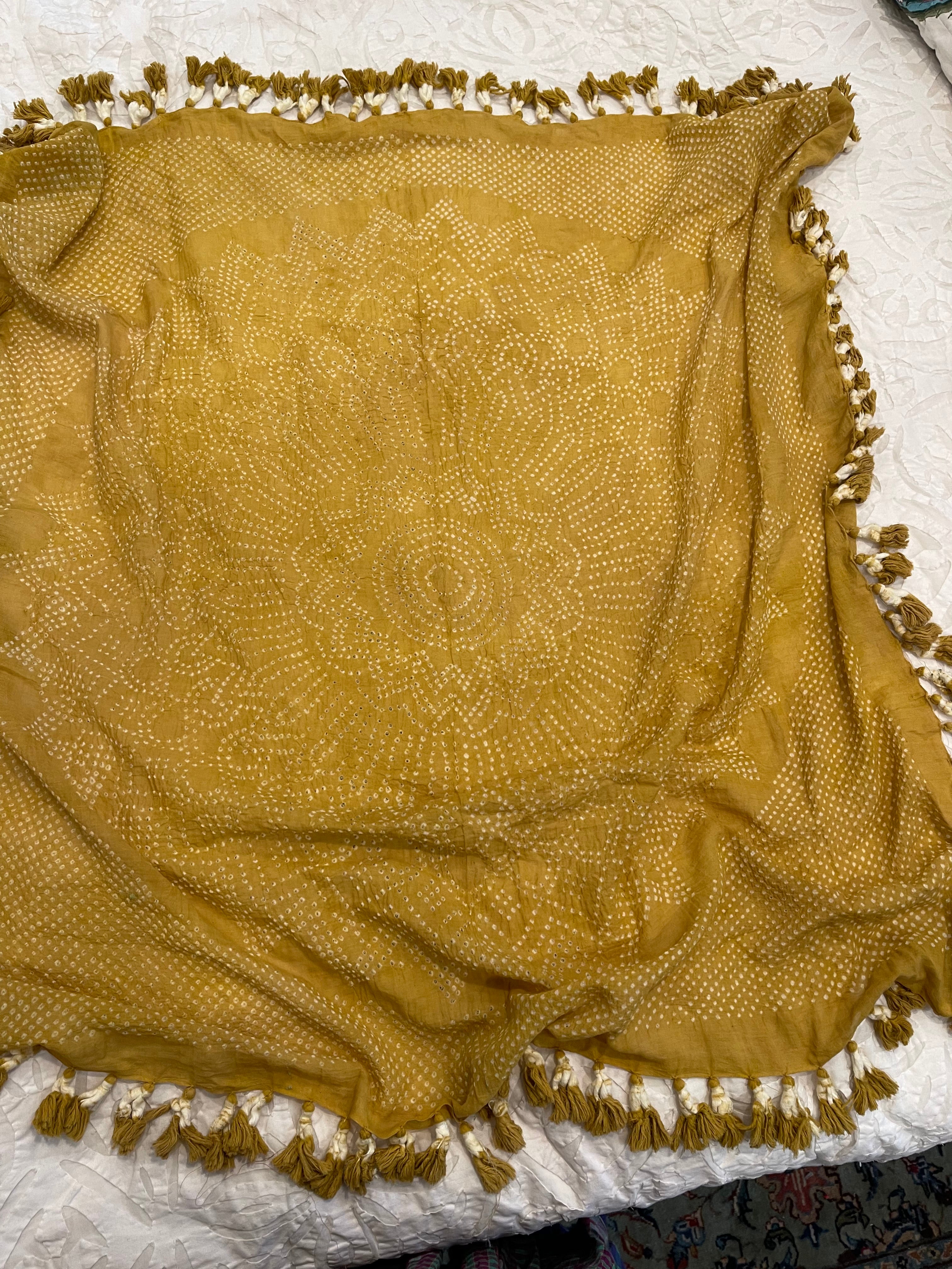 Bandhani Cotton Square Scarf With Pom Poms - Muted Mustard Mandala