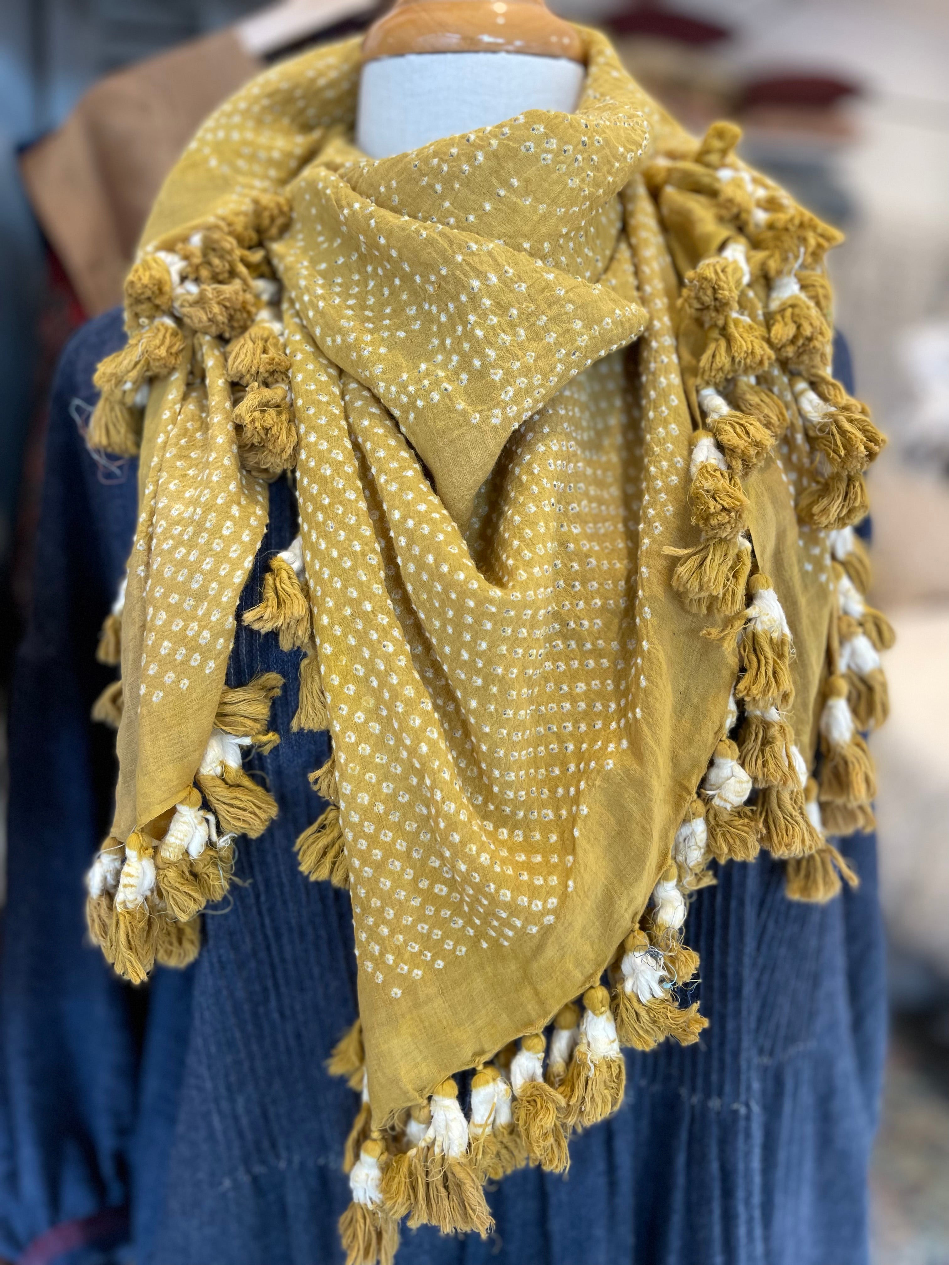 Bandhani Cotton Square Scarf With Pom Poms - Muted Mustard Mandala