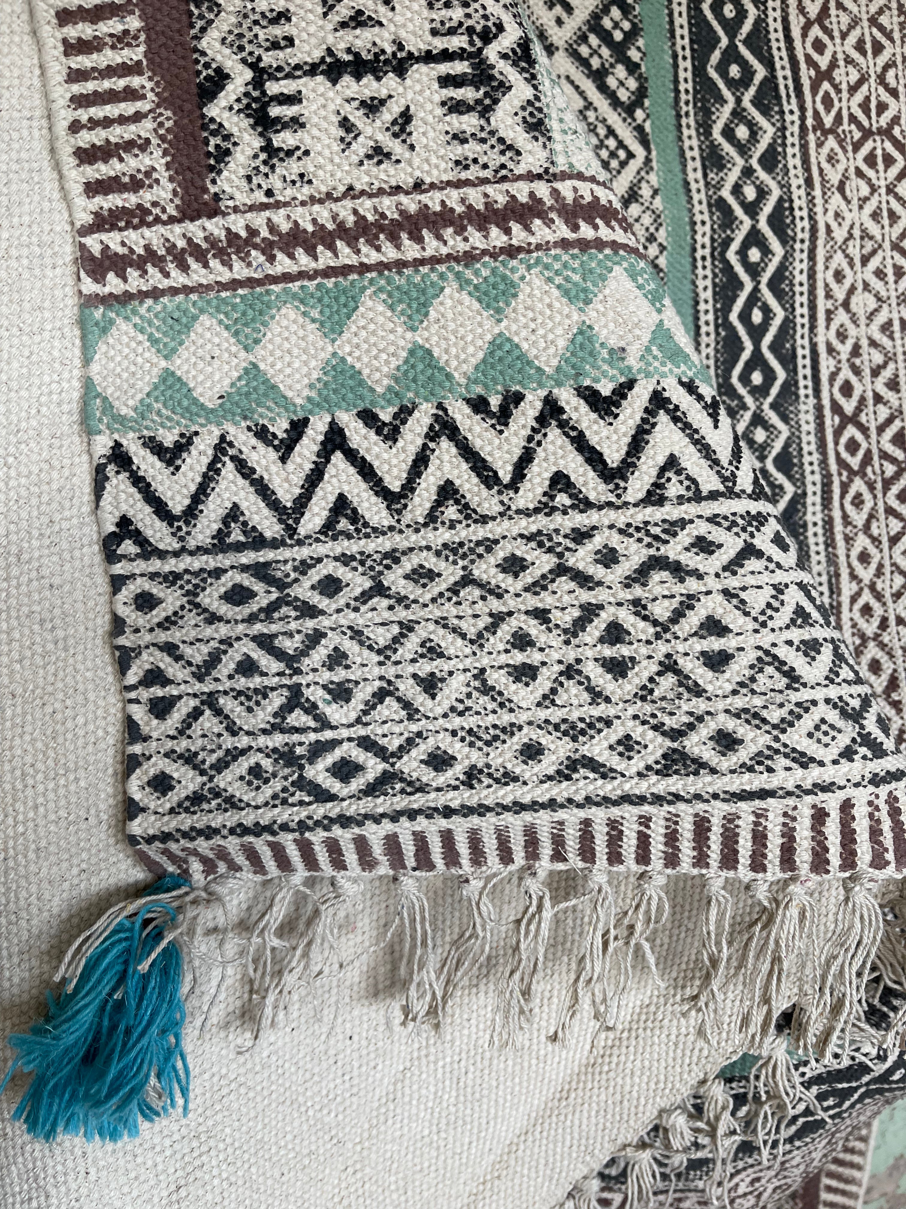 Dhurrie Cotton Rug - Aqua Aztec