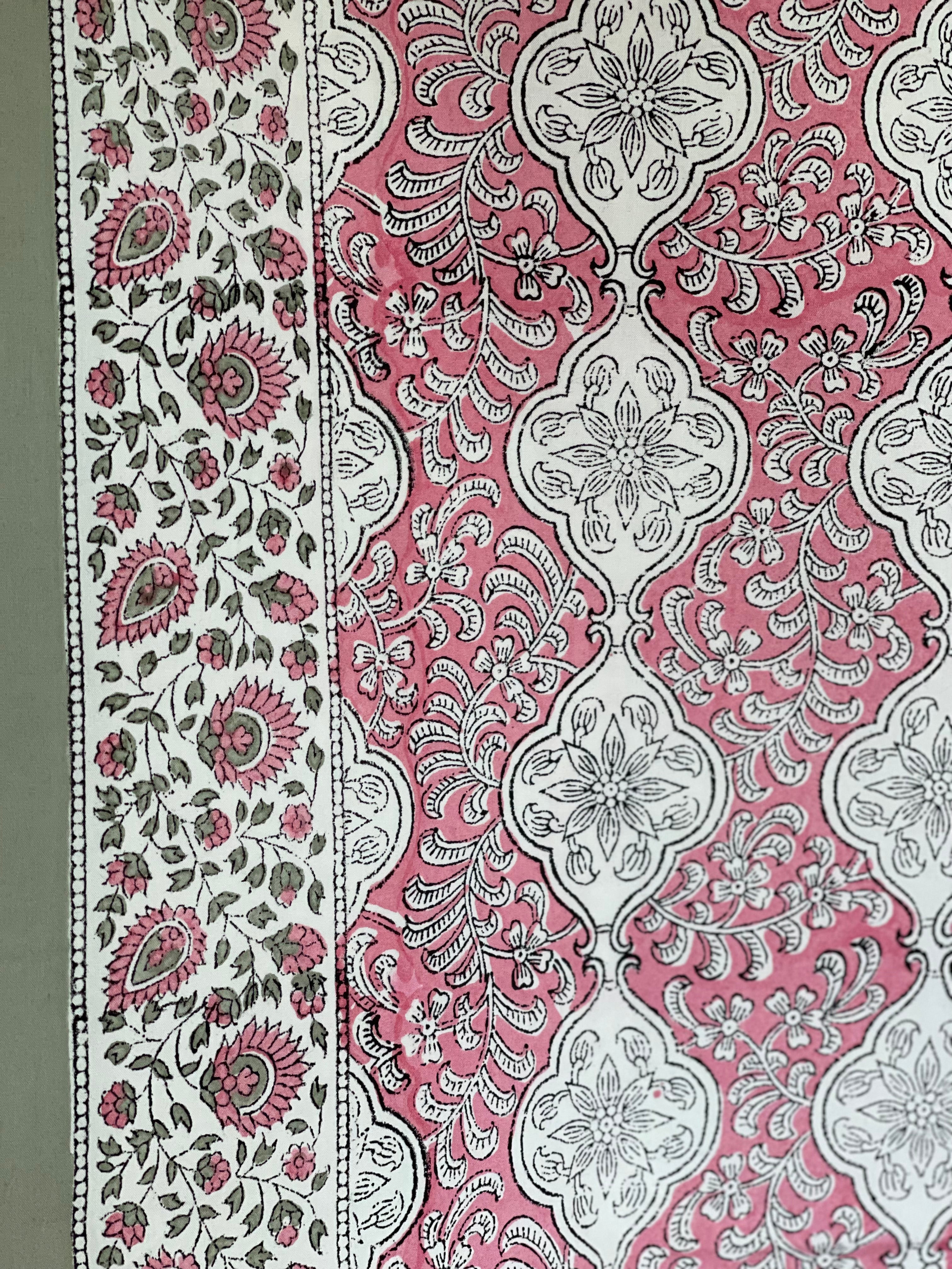 Block Printed Cotton Sheet  - FLORAL PINK + SAGE