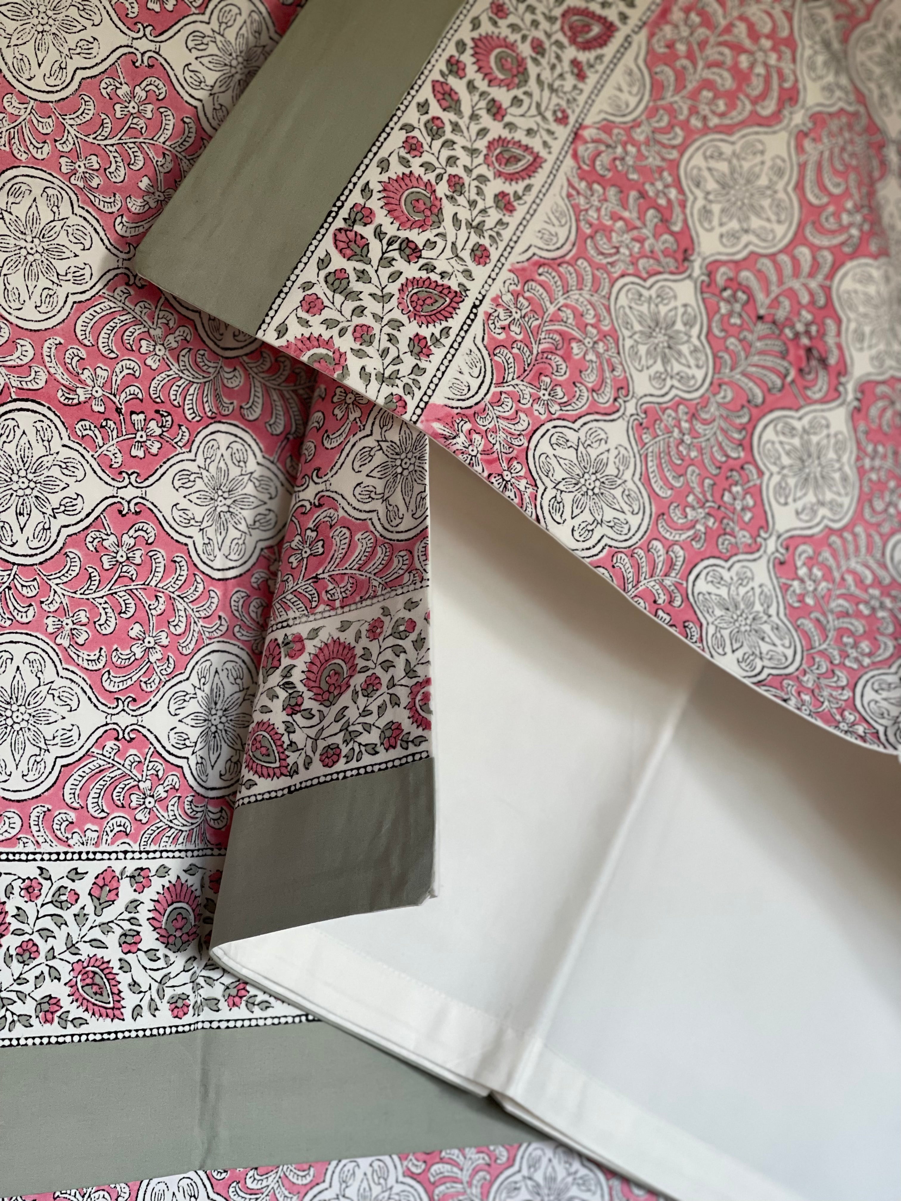 Block Printed Cotton Sheet  - FLORAL PINK + SAGE