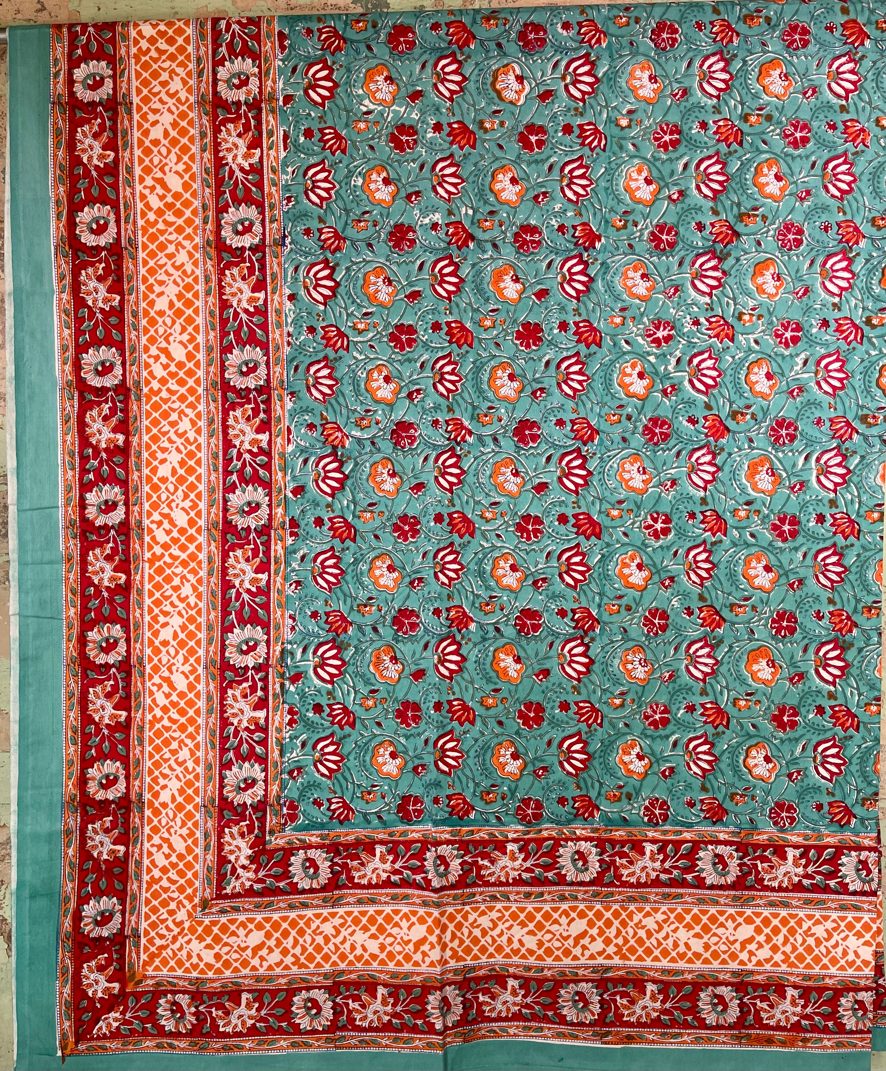 Block Printed Cotton Sheet  - CORAL SEA