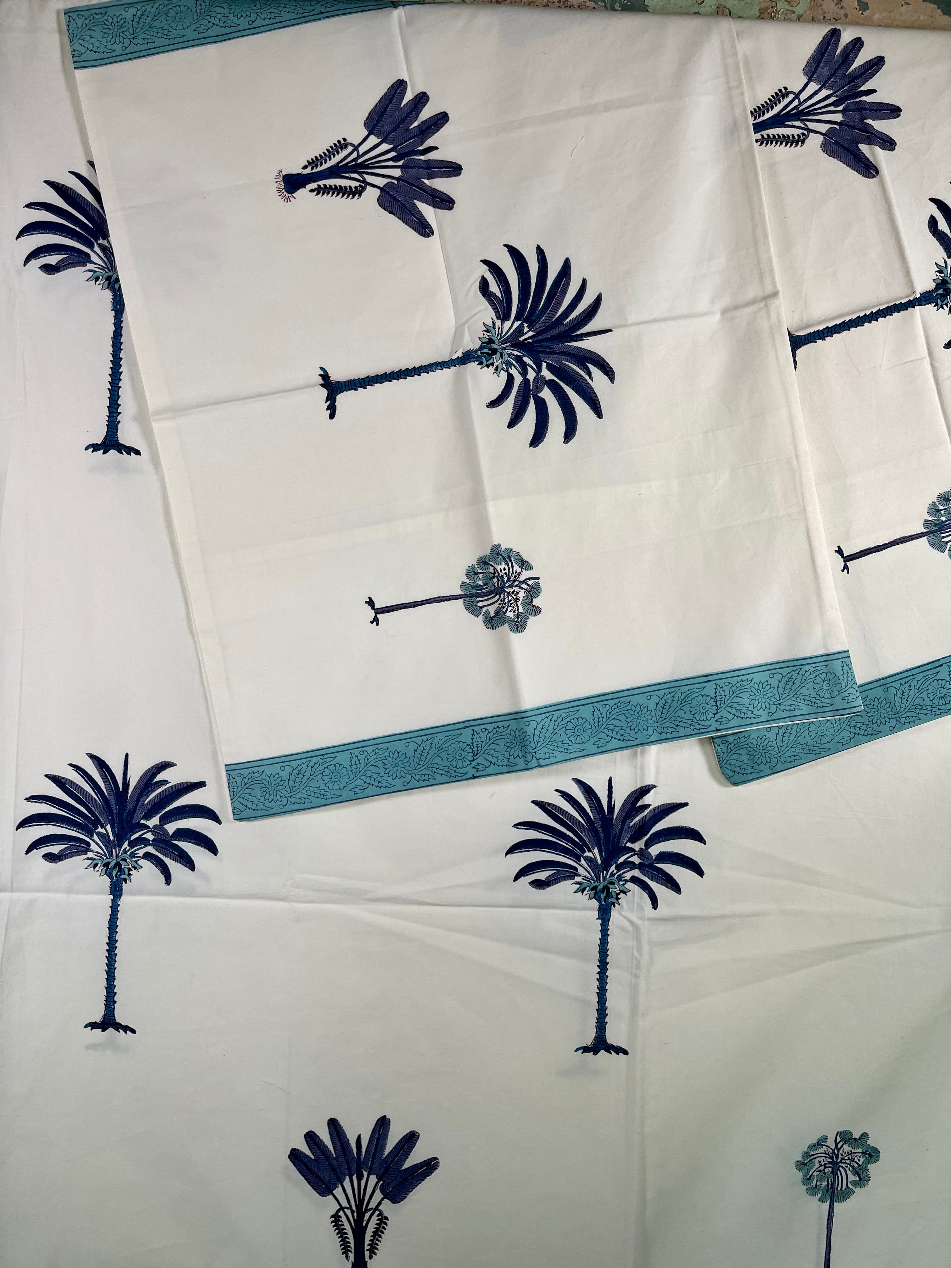 Block Printed Cotton Sheet - BLUE BOTANICAL