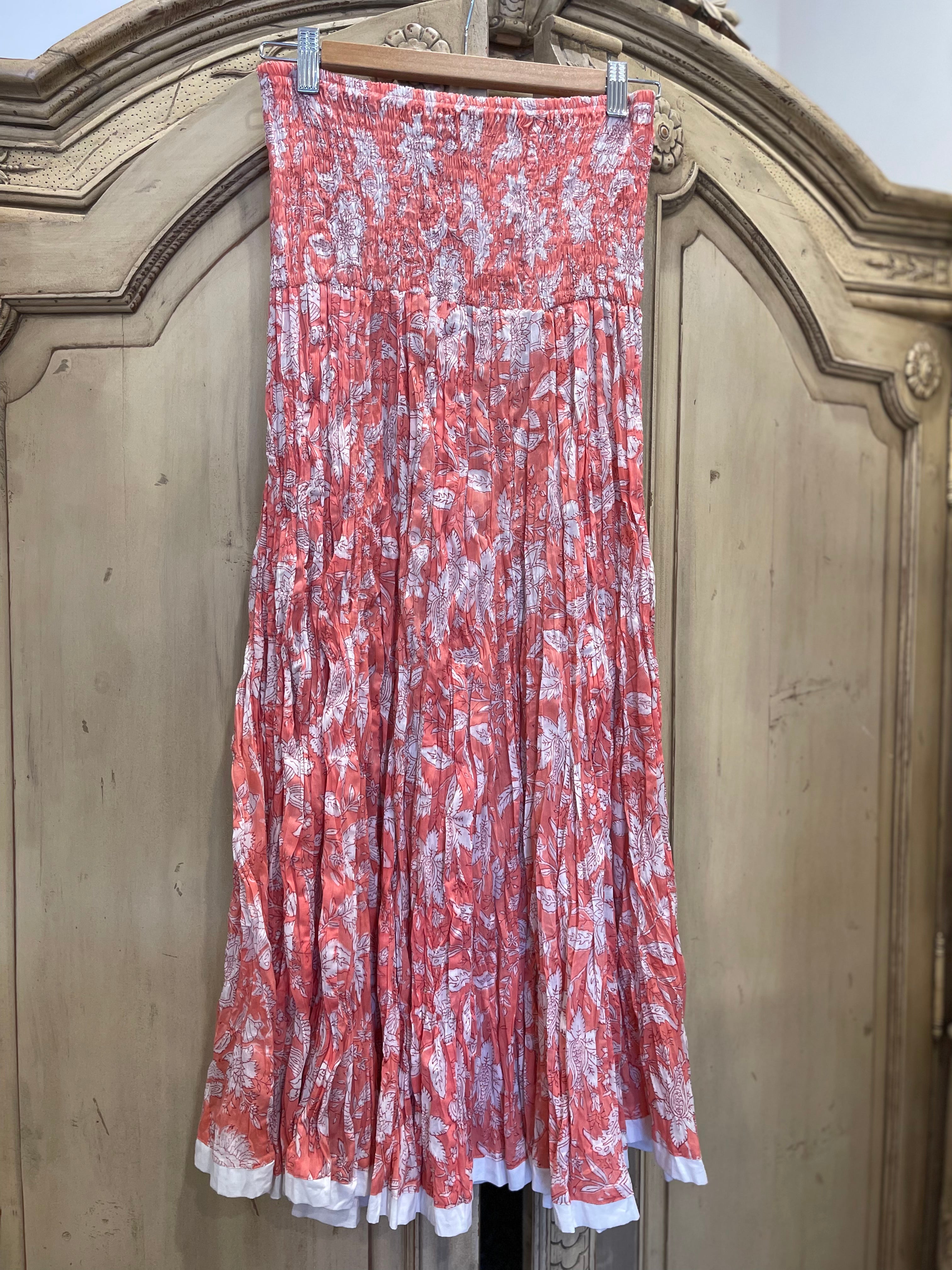 An easy to wear feminine and breezy blockprinted cotton salmon skirt