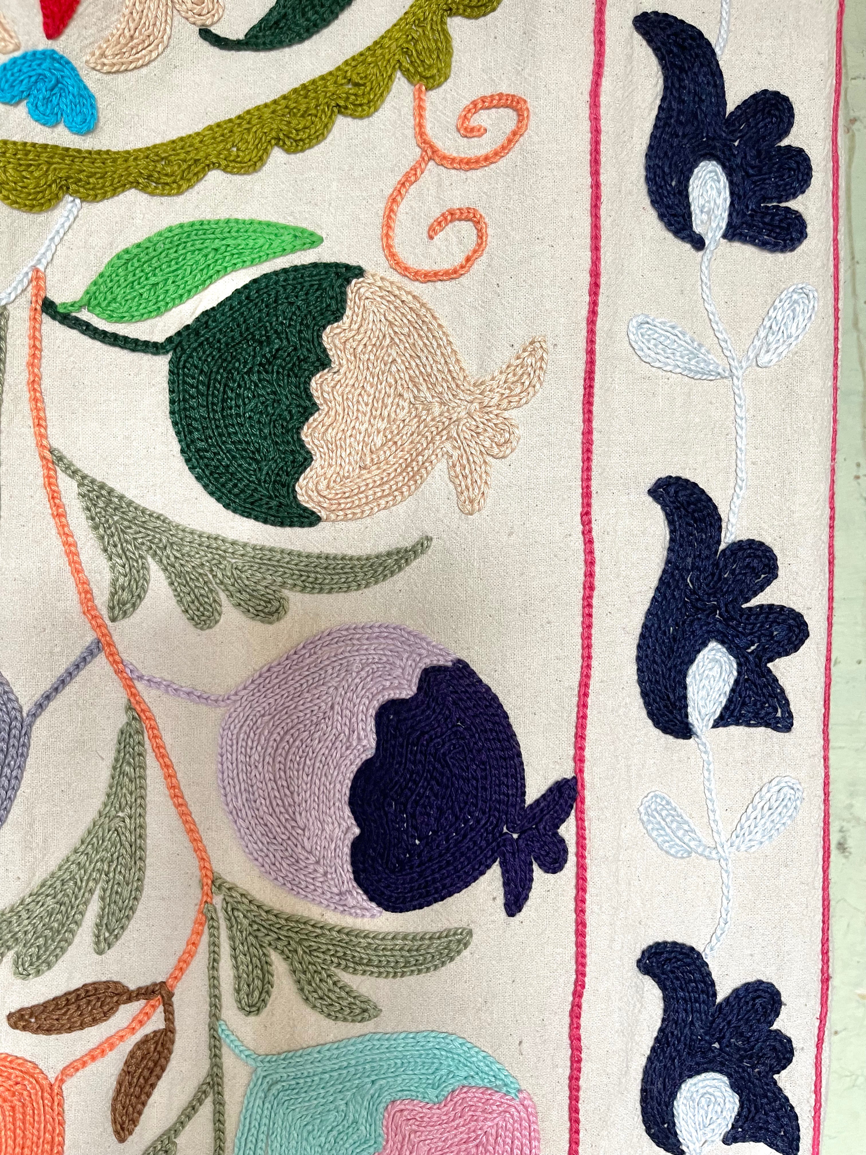 Alice's Garden - Hand embroidered suzani on beautifully weighted natural coloured cotton.