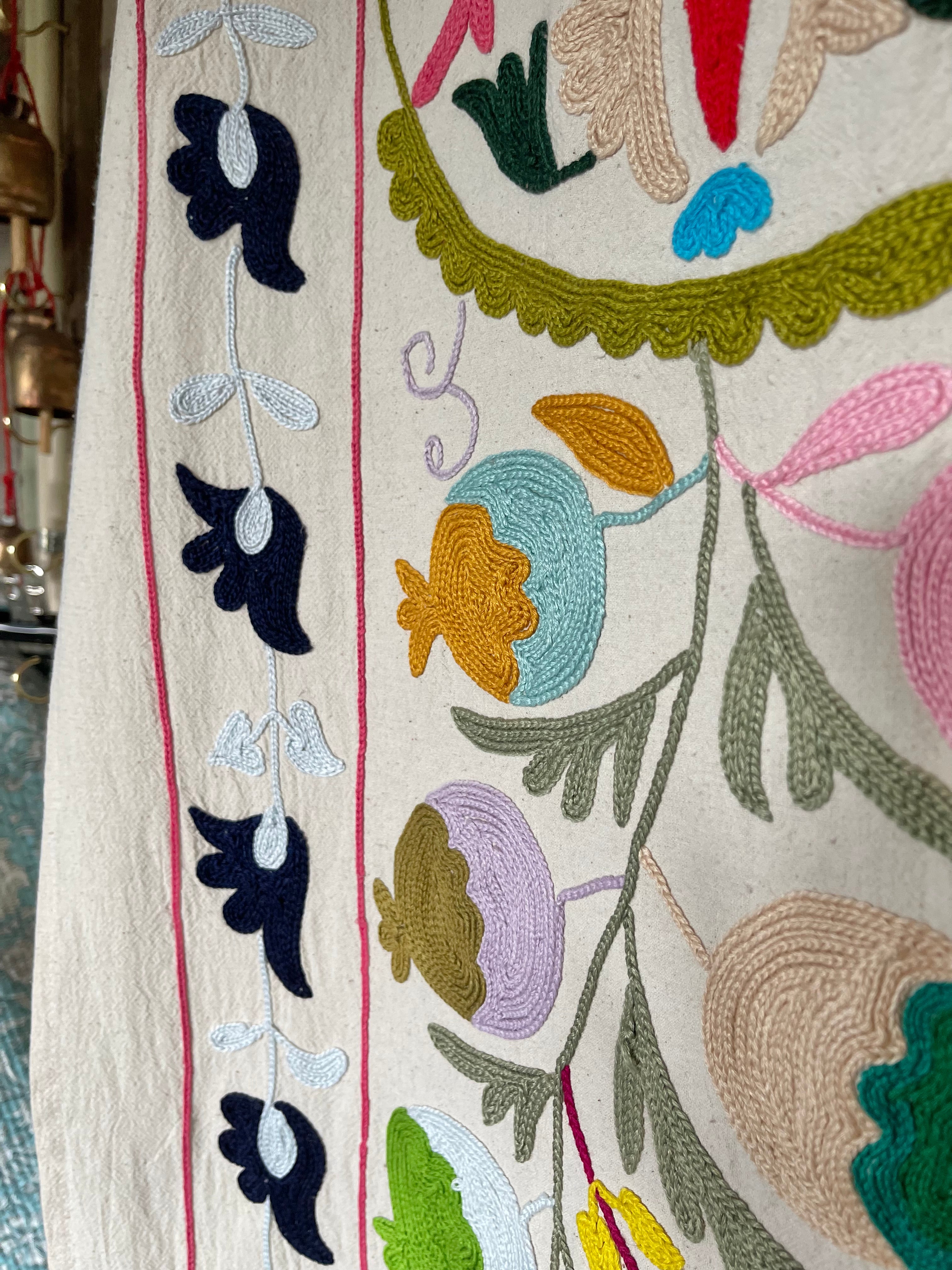 Alice's Garden - Hand embroidered suzani on beautifully weighted natural coloured cotton.