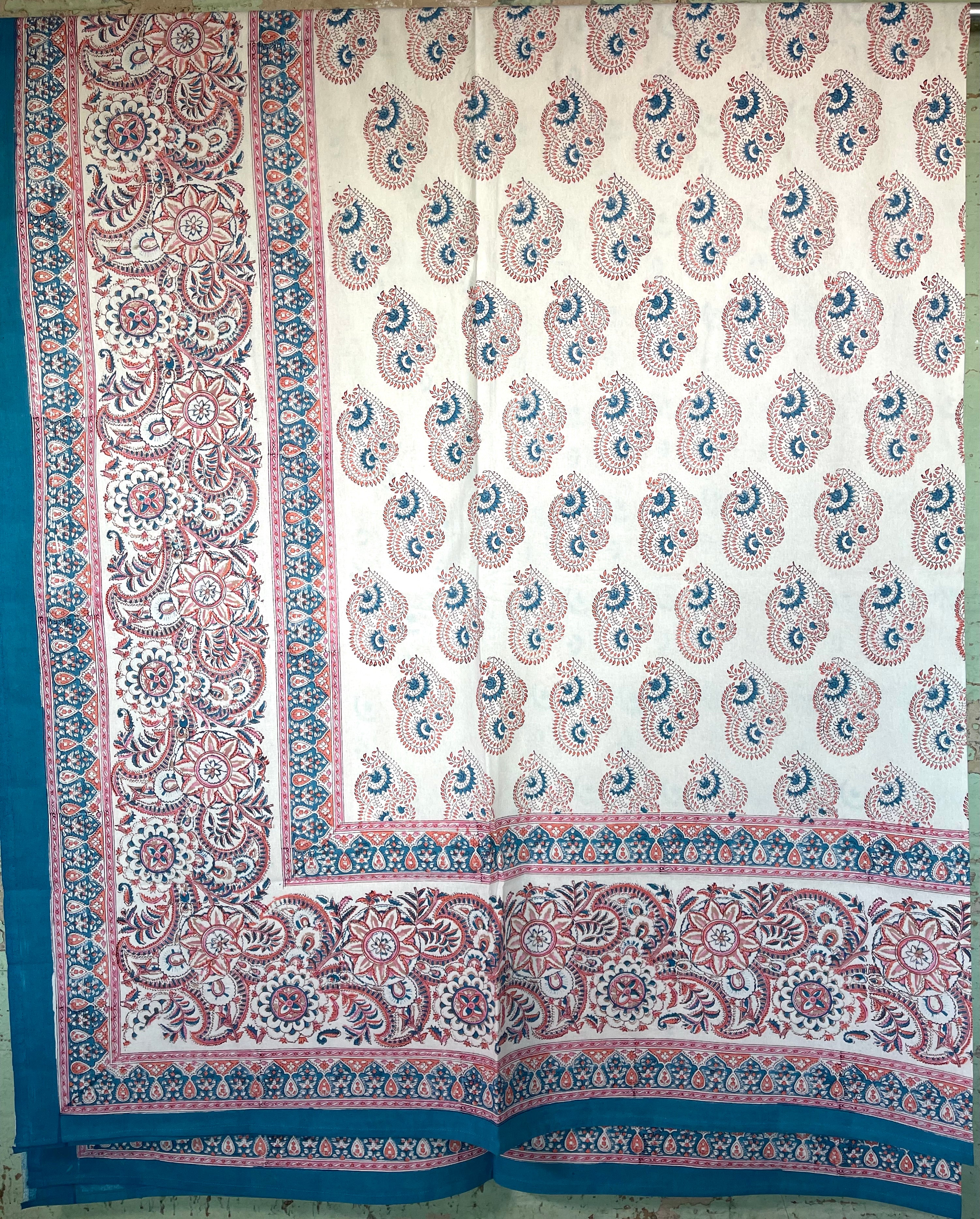 Block Printed Cotton Sheet - Coral Blue Butti