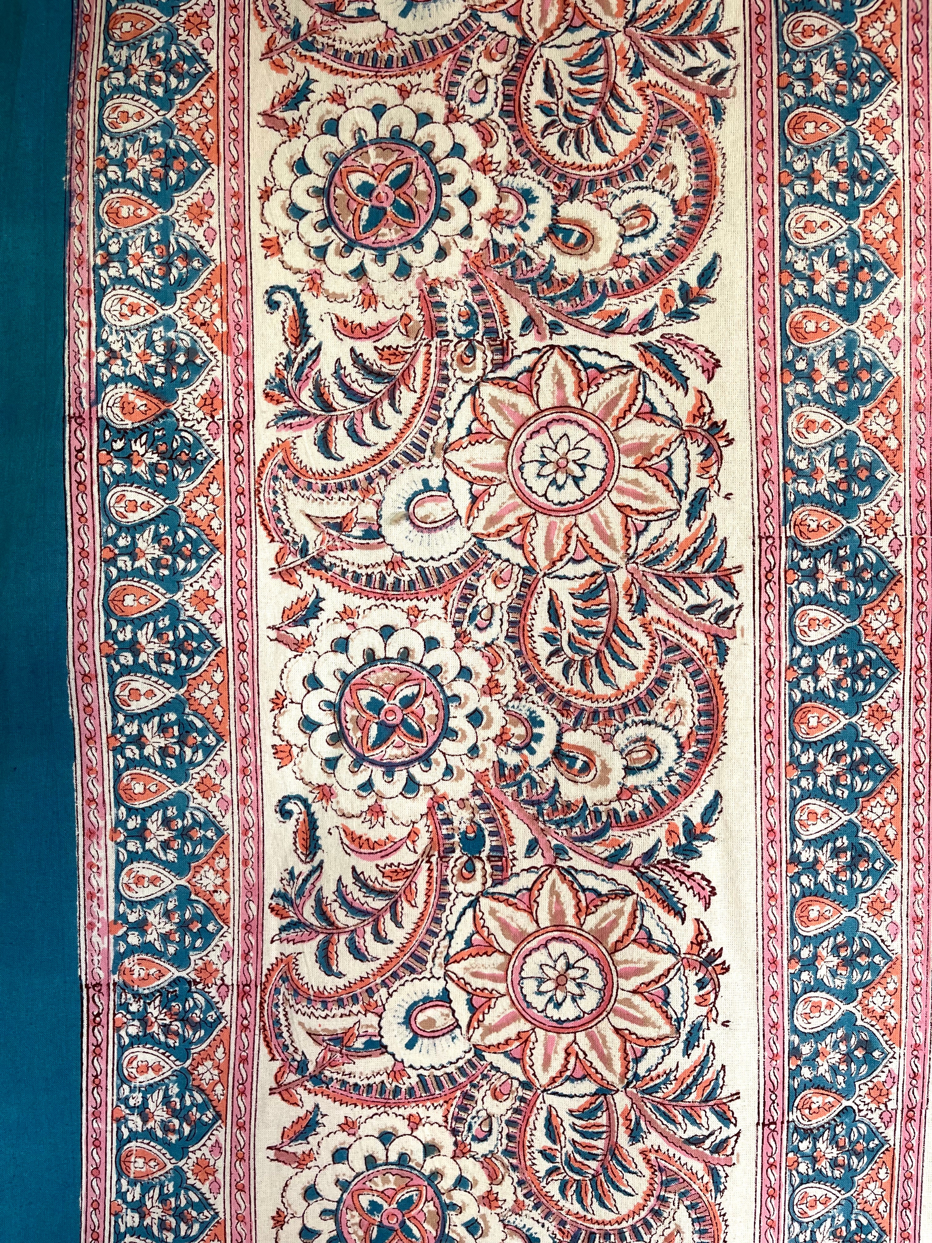 Block Printed Cotton Sheet - Coral Blue Butti