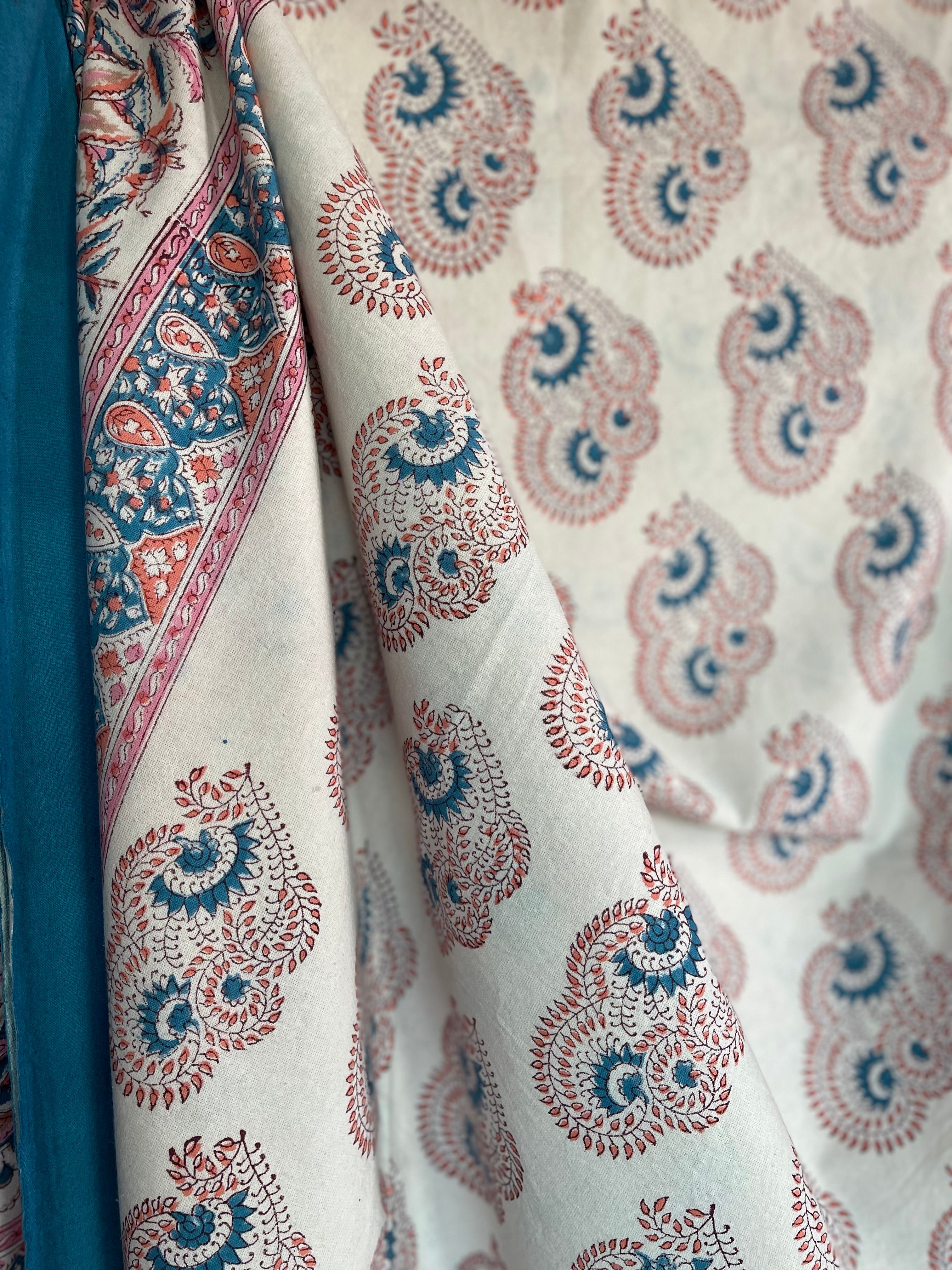 Block Printed Cotton Sheet - Coral Blue Butti