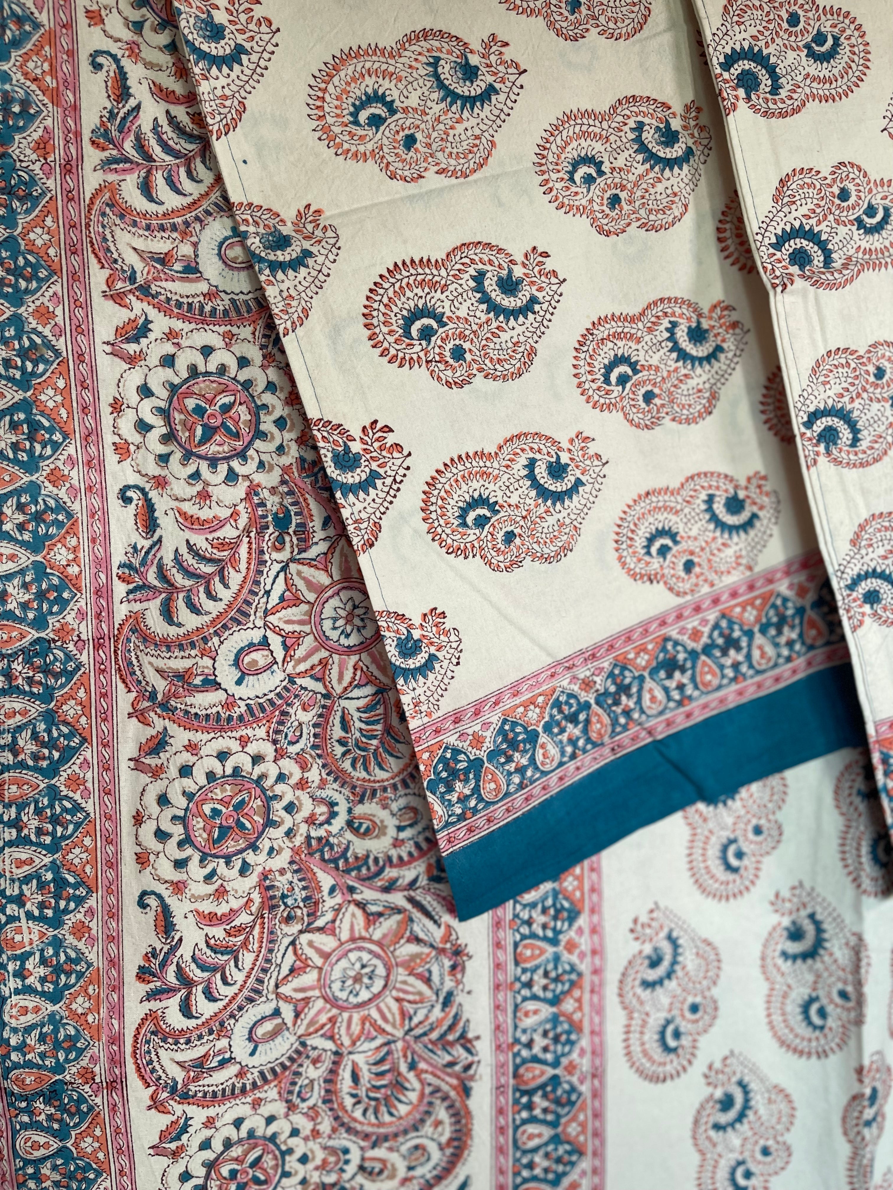 Block Printed Cotton Sheet - Coral Blue Butti