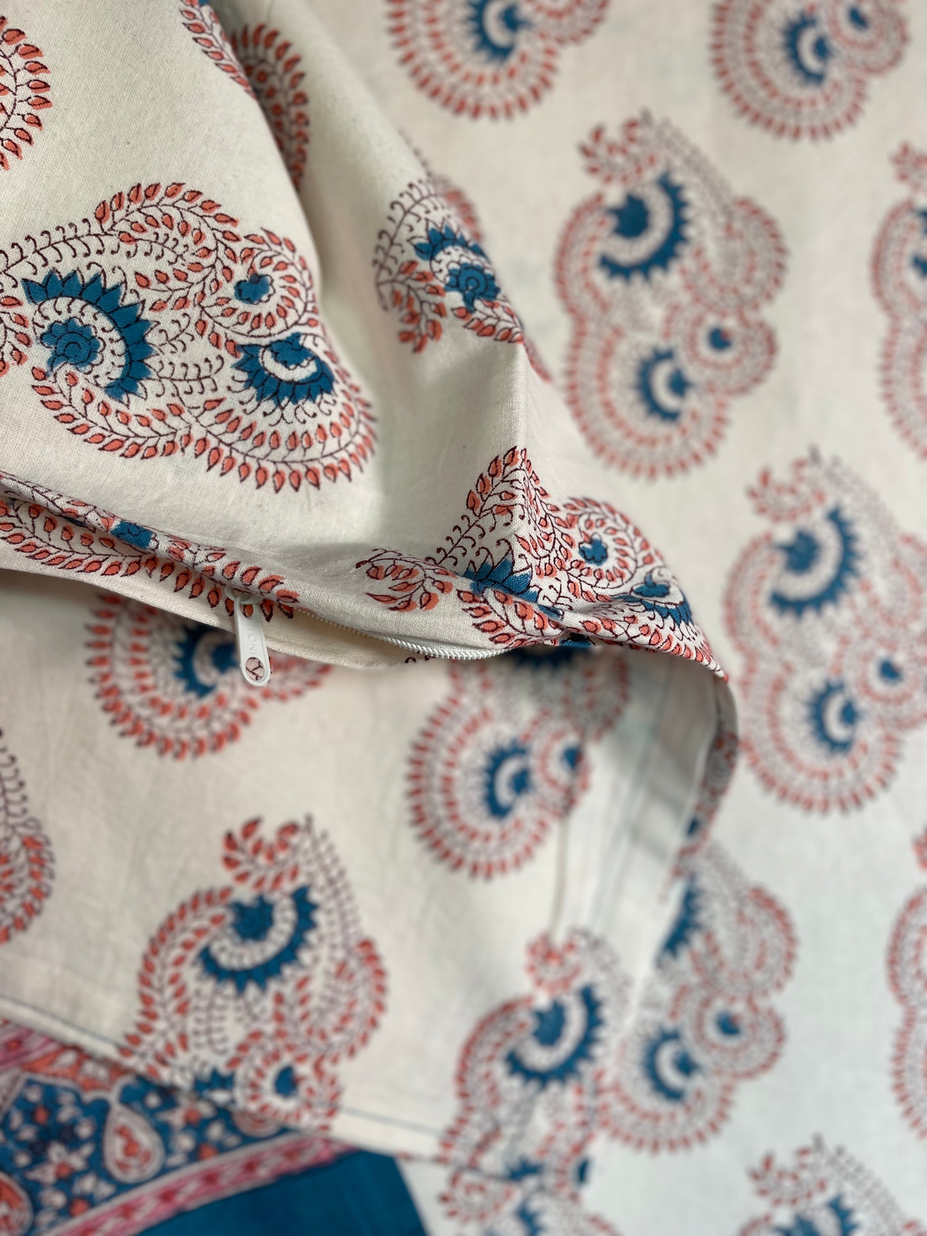 Block Printed Cotton Sheet - Coral Blue Butti