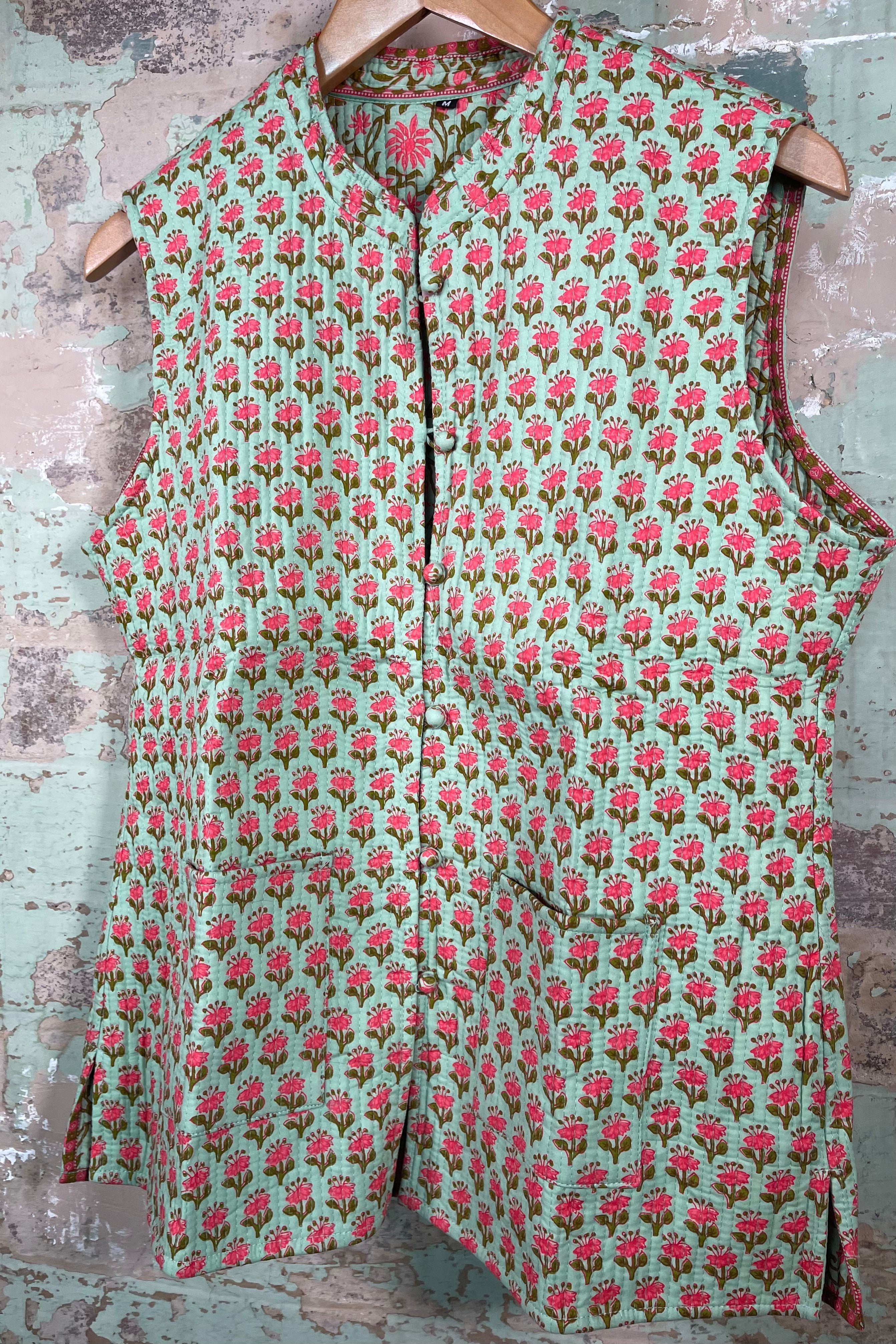 Handblock Printed Mughal Vest - Tangerine Green