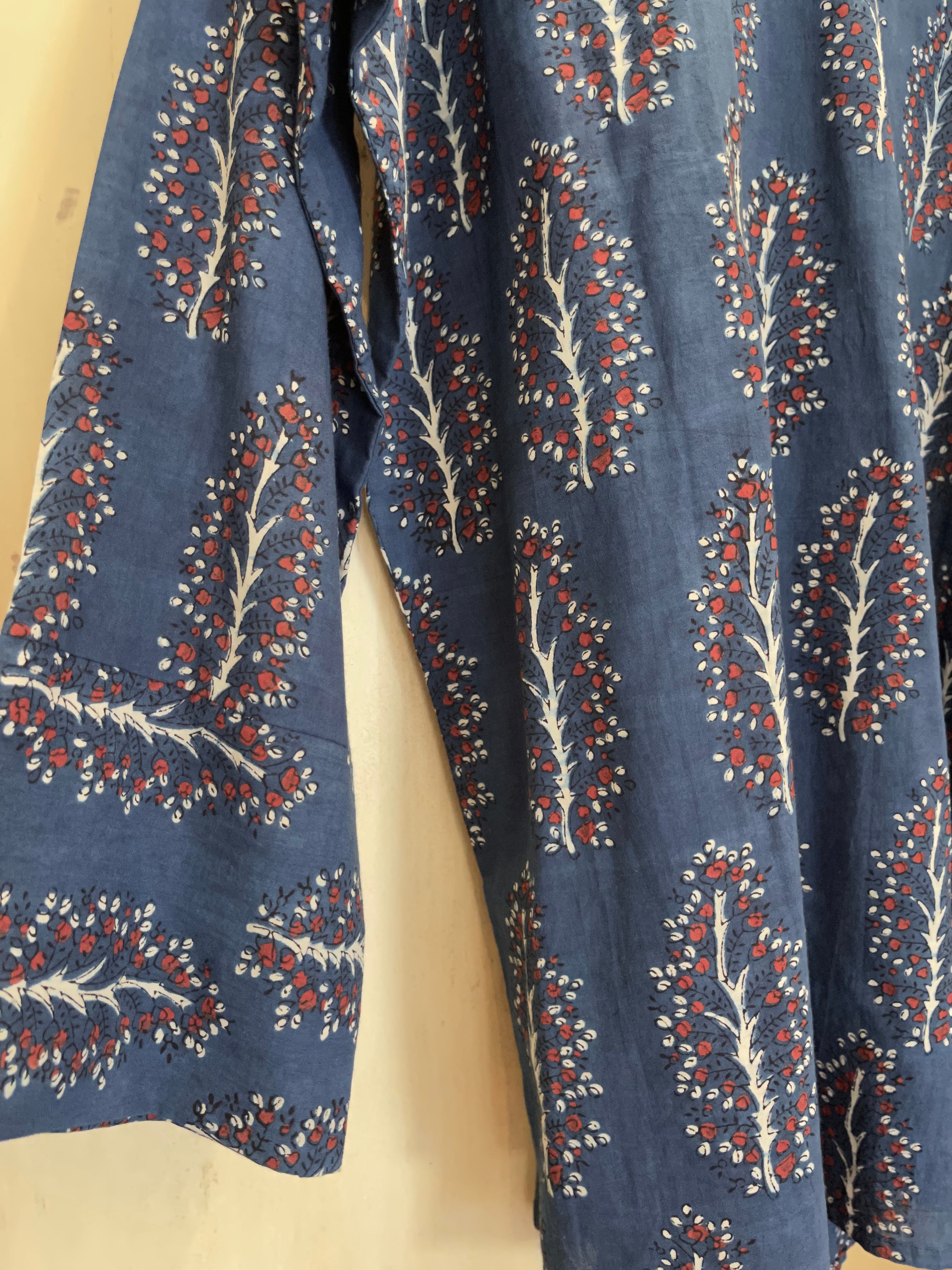 Fine Indian cotton handblock AJRAKH  top in natural dyes, Indigo Tree Pattern