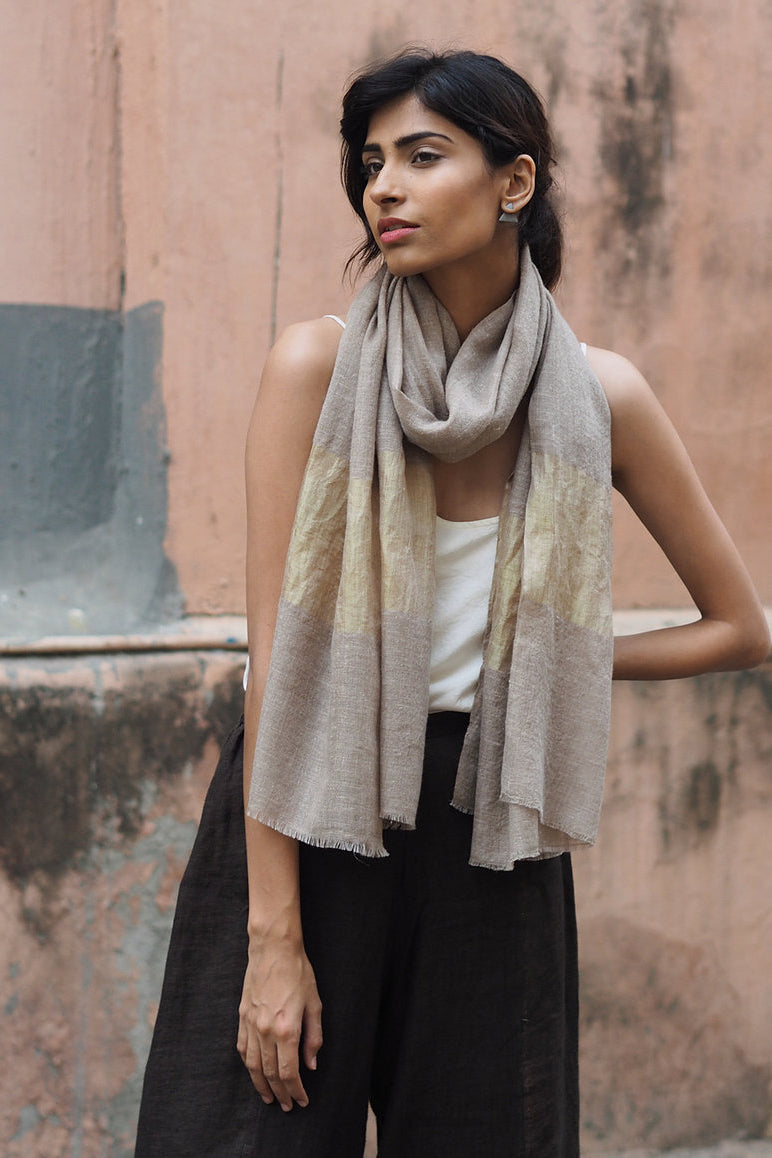 Pashmina Zari Scarf - Stone/ Gold